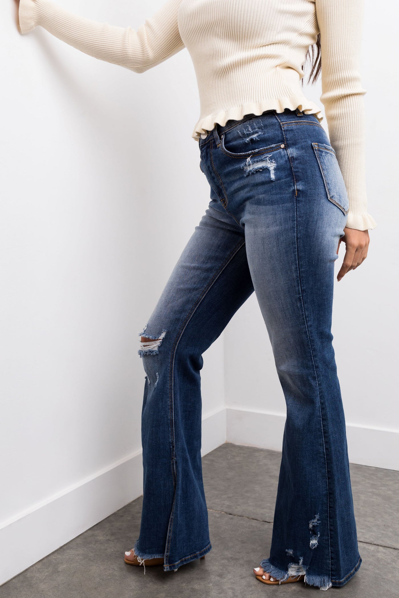 Risen Dark Wash High Rise Side Slit Flare Jeans