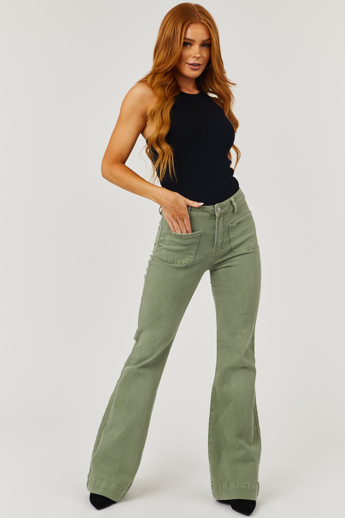 Risen Sage High Rise Bell Bottom Front Pocket Jeans