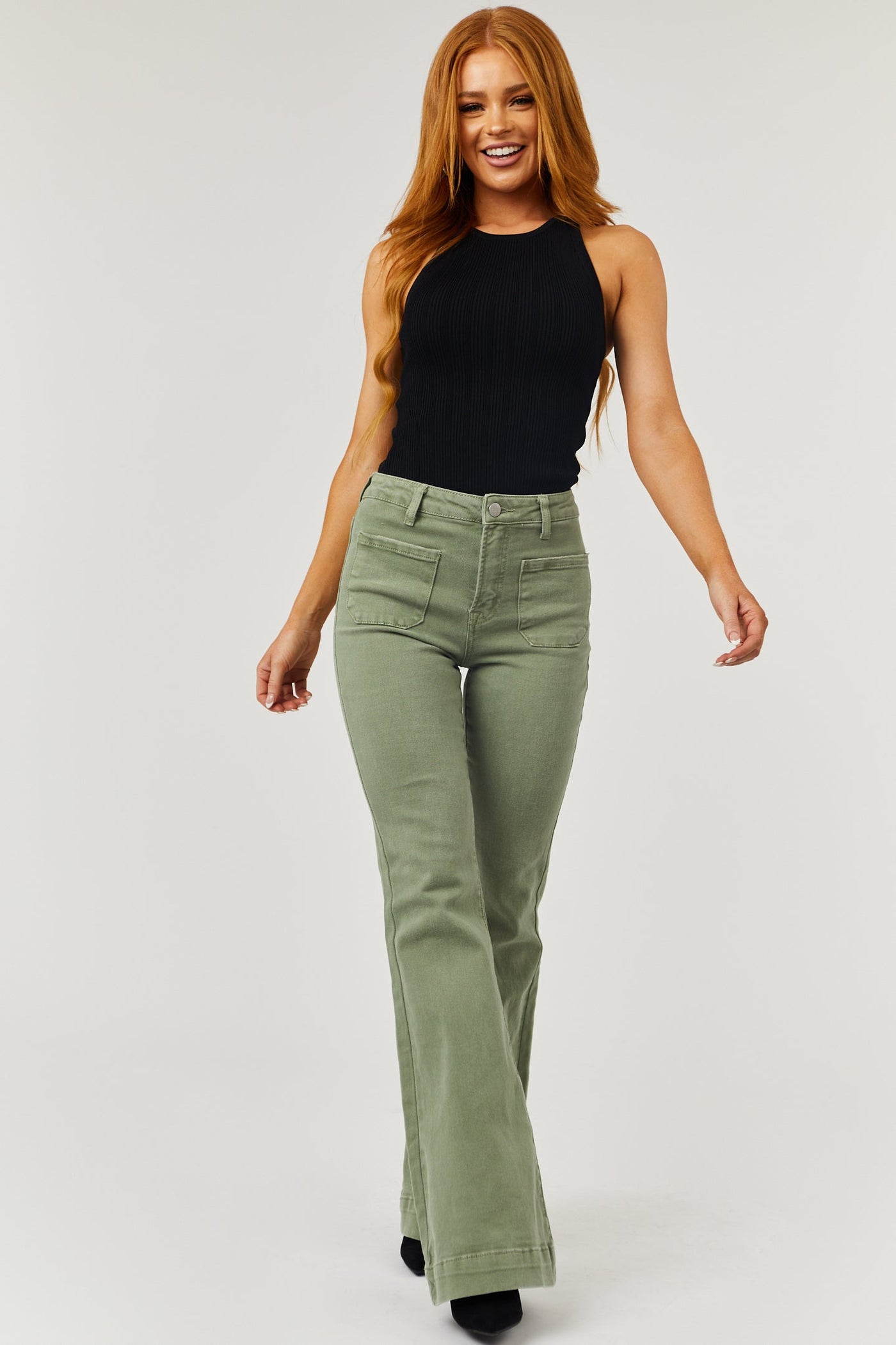 Risen Sage High Rise Bell Bottom Front Pocket Jeans