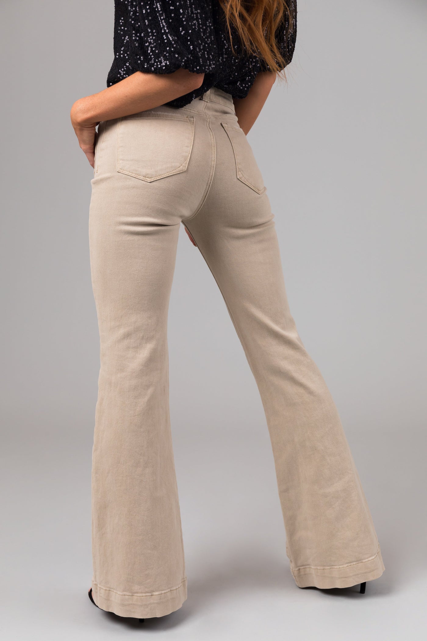 Risen Sand High Rise Bell Bottom Front Pocket Jeans