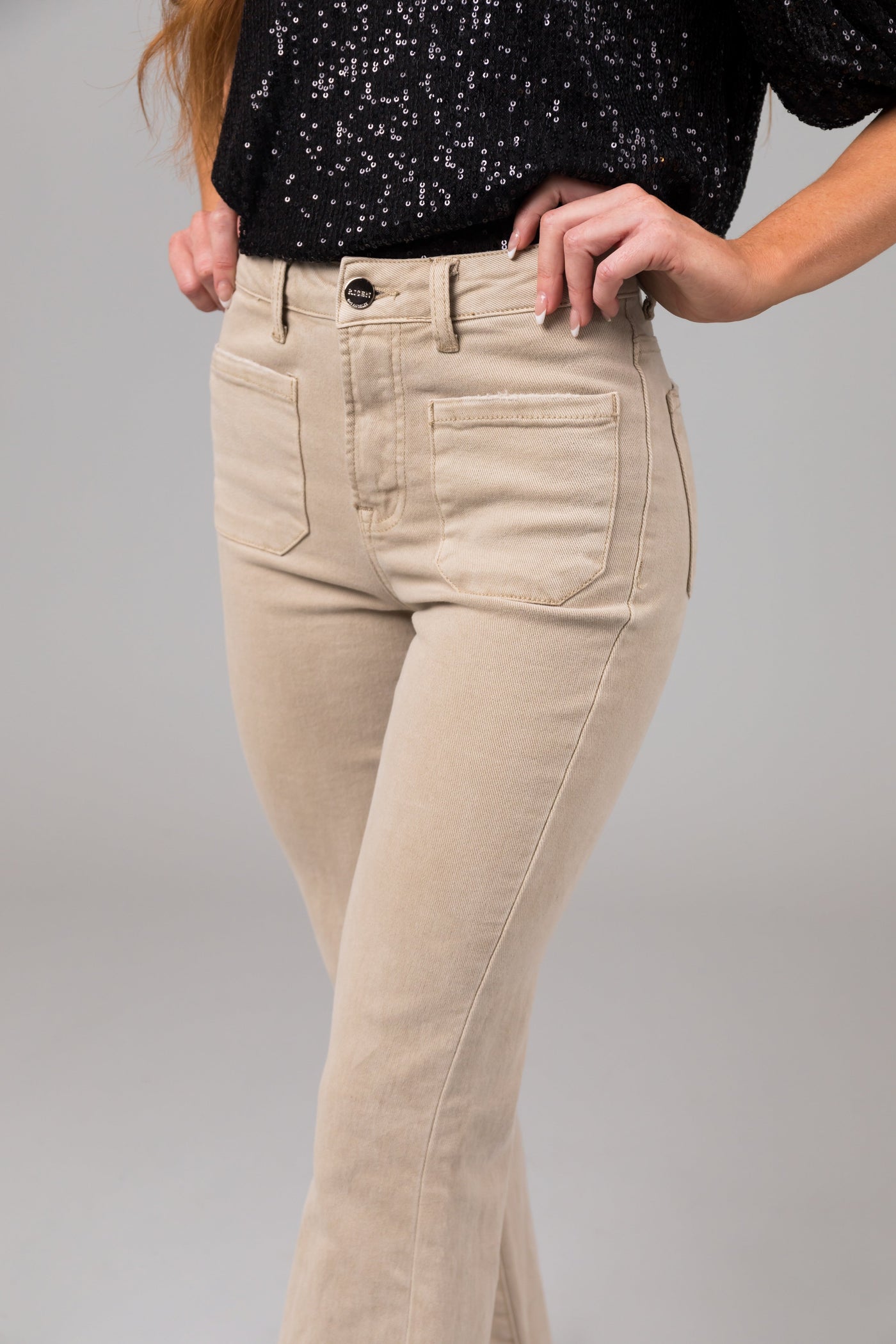 Risen Sand High Rise Bell Bottom Front Pocket Jeans