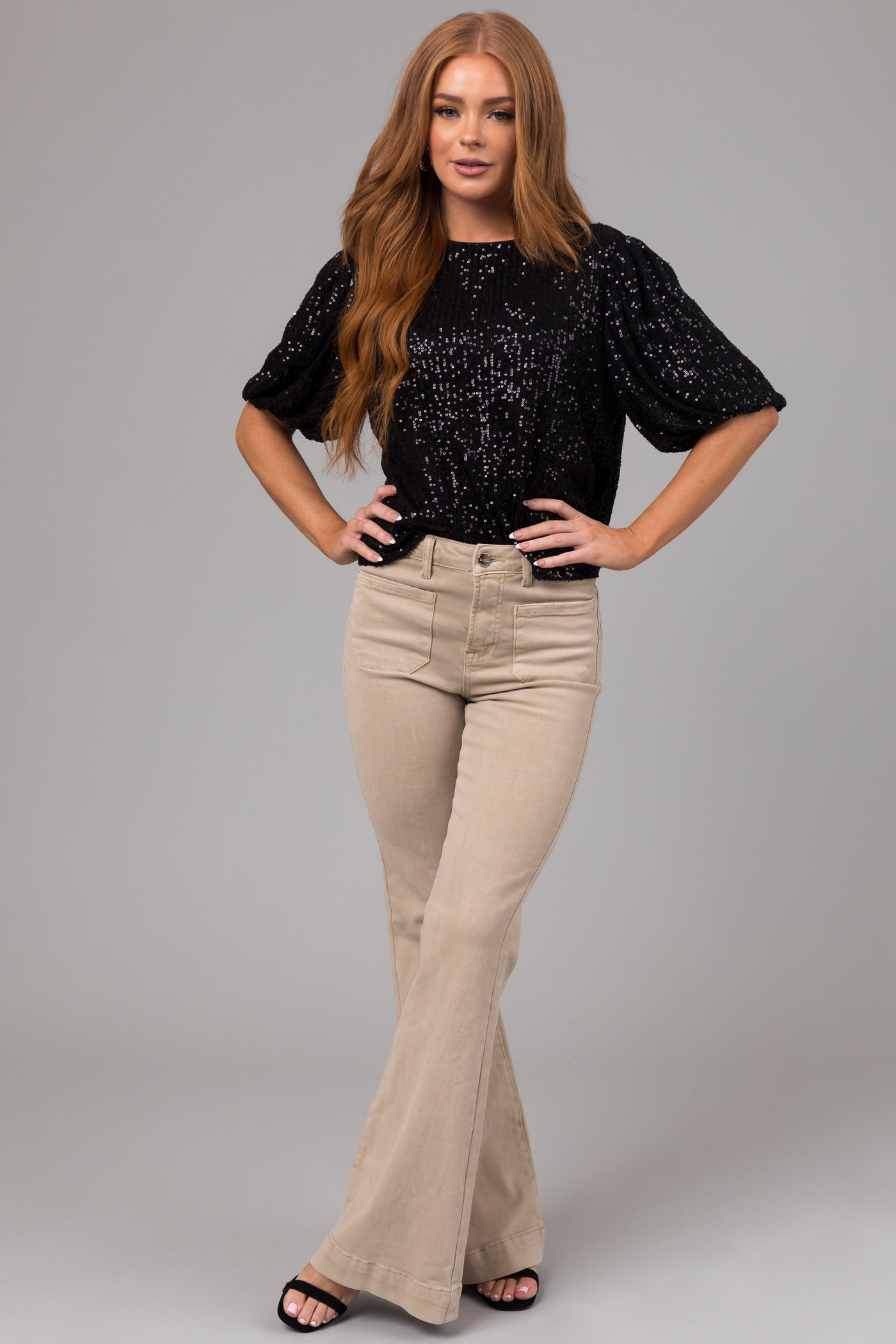 Risen Sand High Rise Bell Bottom Front Pocket Jeans