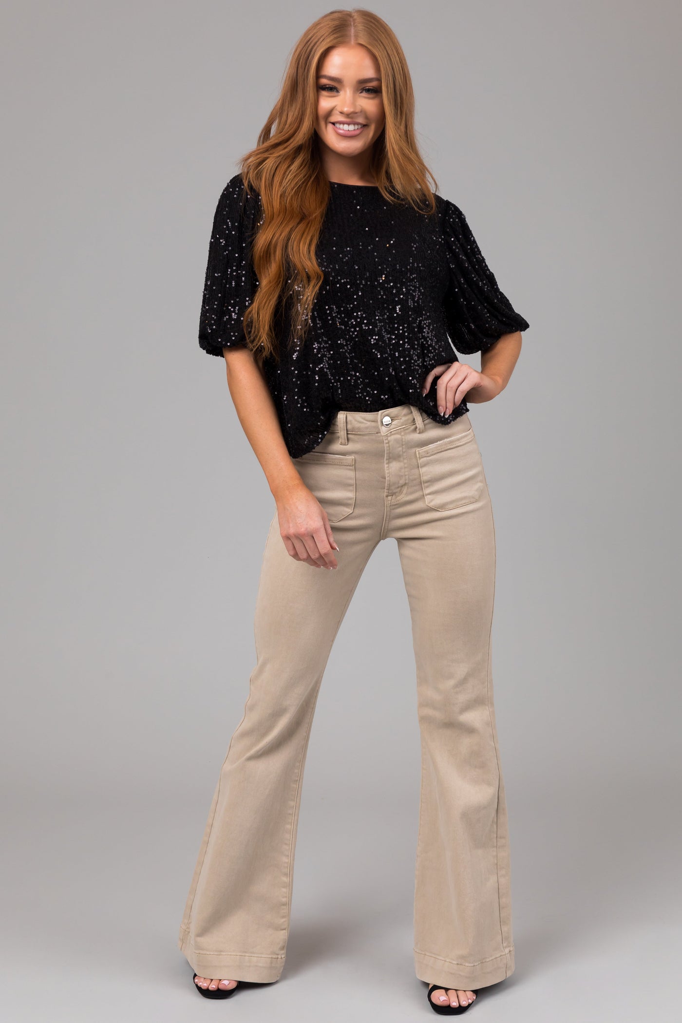 Risen Sand High Rise Bell Bottom Front Pocket Jeans