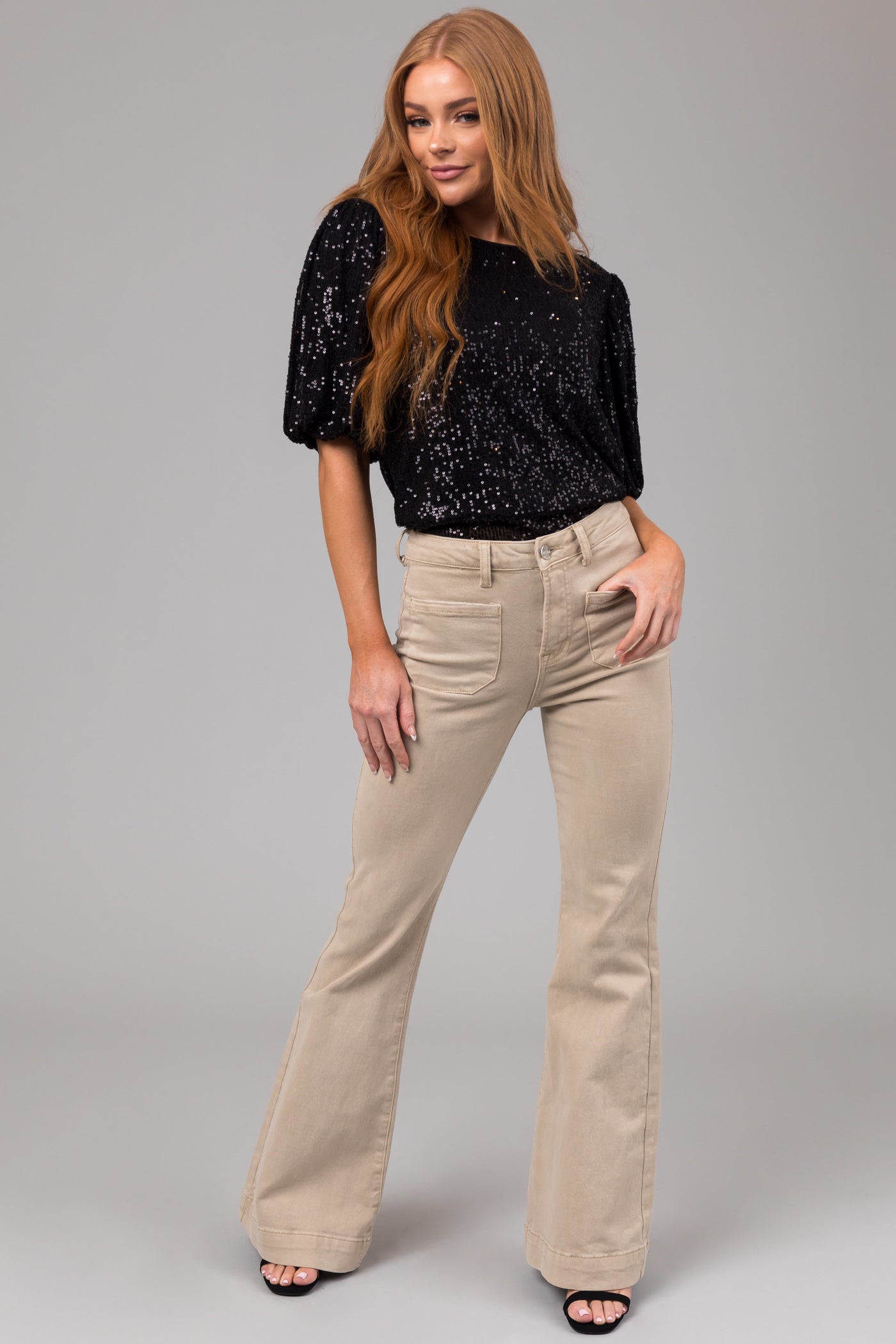 Risen Sand High Rise Bell Bottom Front Pocket Jeans