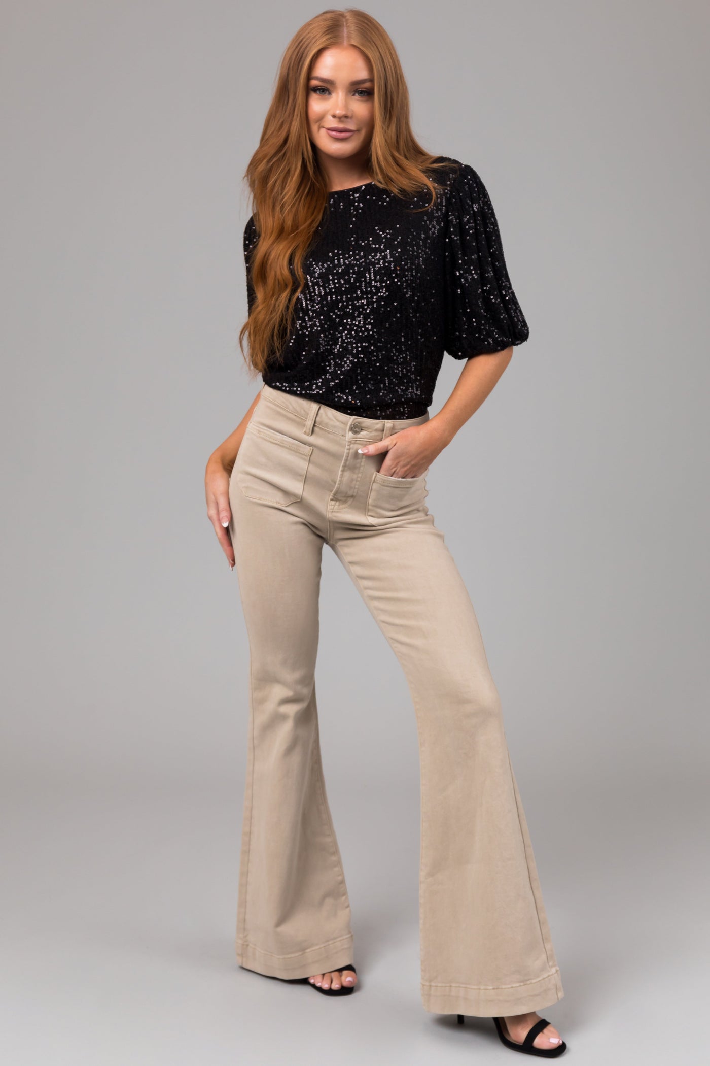 Risen Sand High Rise Bell Bottom Front Pocket Jeans