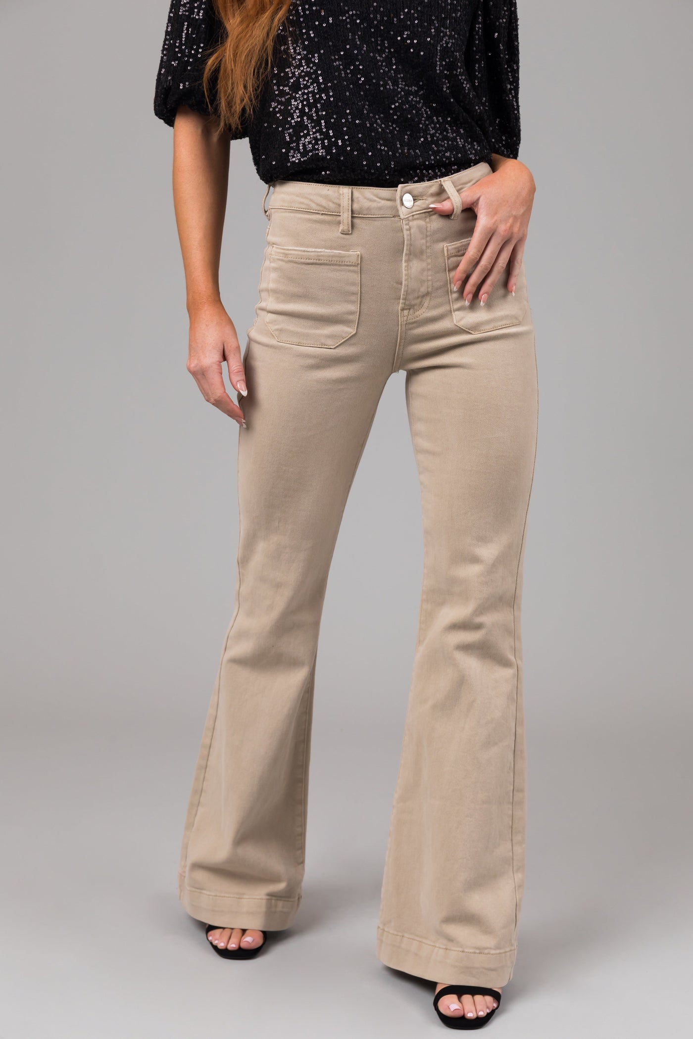Risen Sand High Rise Bell Bottom Front Pocket Jeans