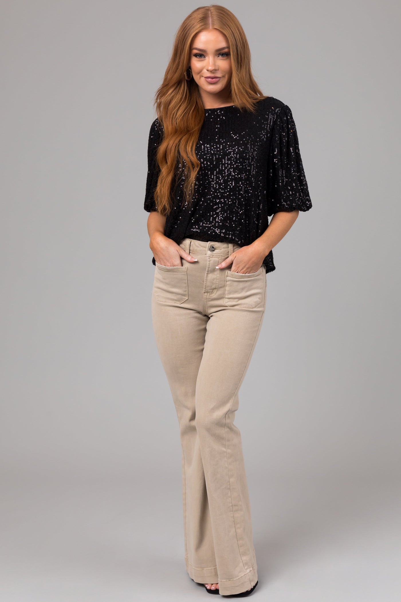 Risen Sand High Rise Bell Bottom Front Pocket Jeans