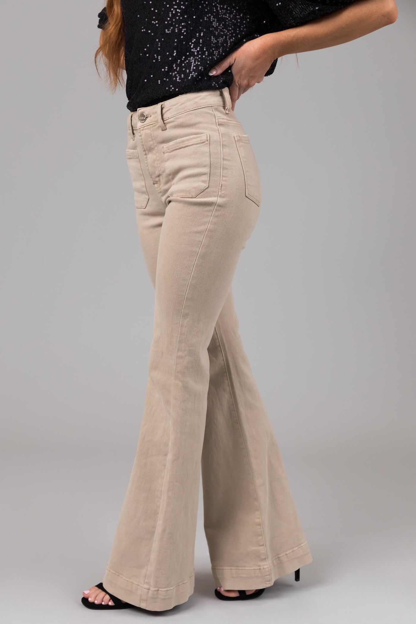 Risen Sand High Rise Bell Bottom Front Pocket Jeans