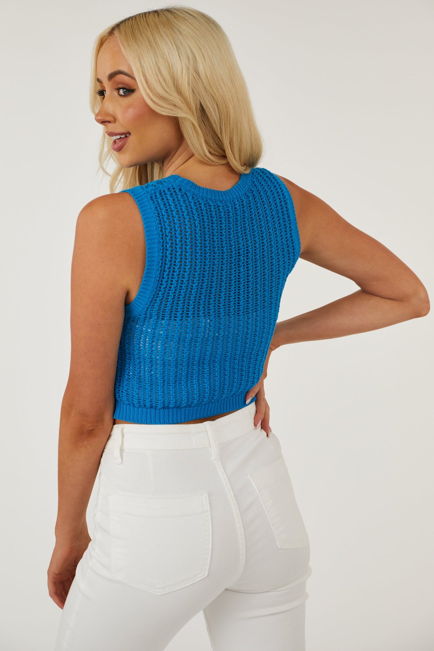 Royal Blue Cropped Sleeveless Loose Knit Top