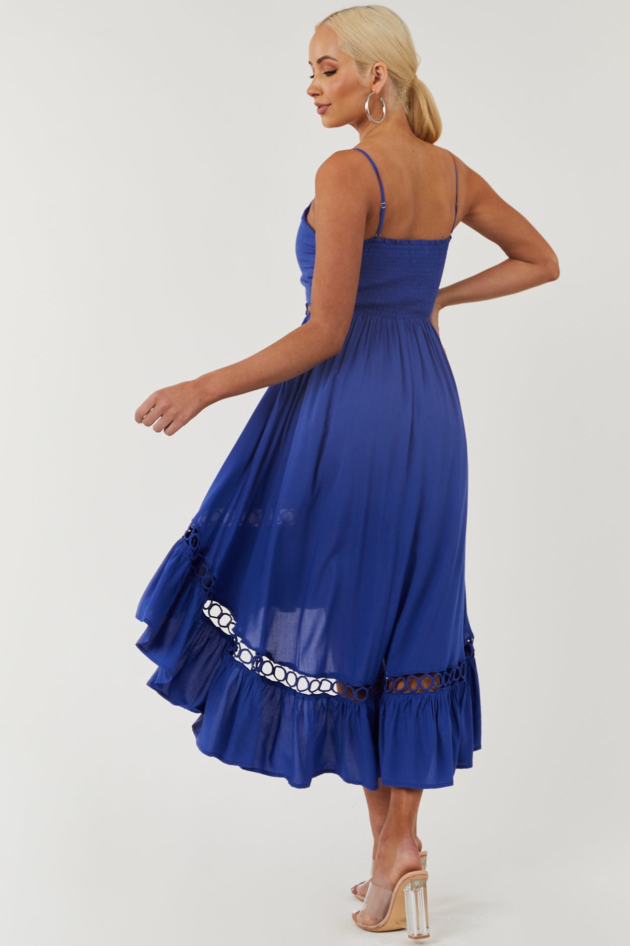 Royal Blue High Low Midi Dress with Tie and Peekaboo Details