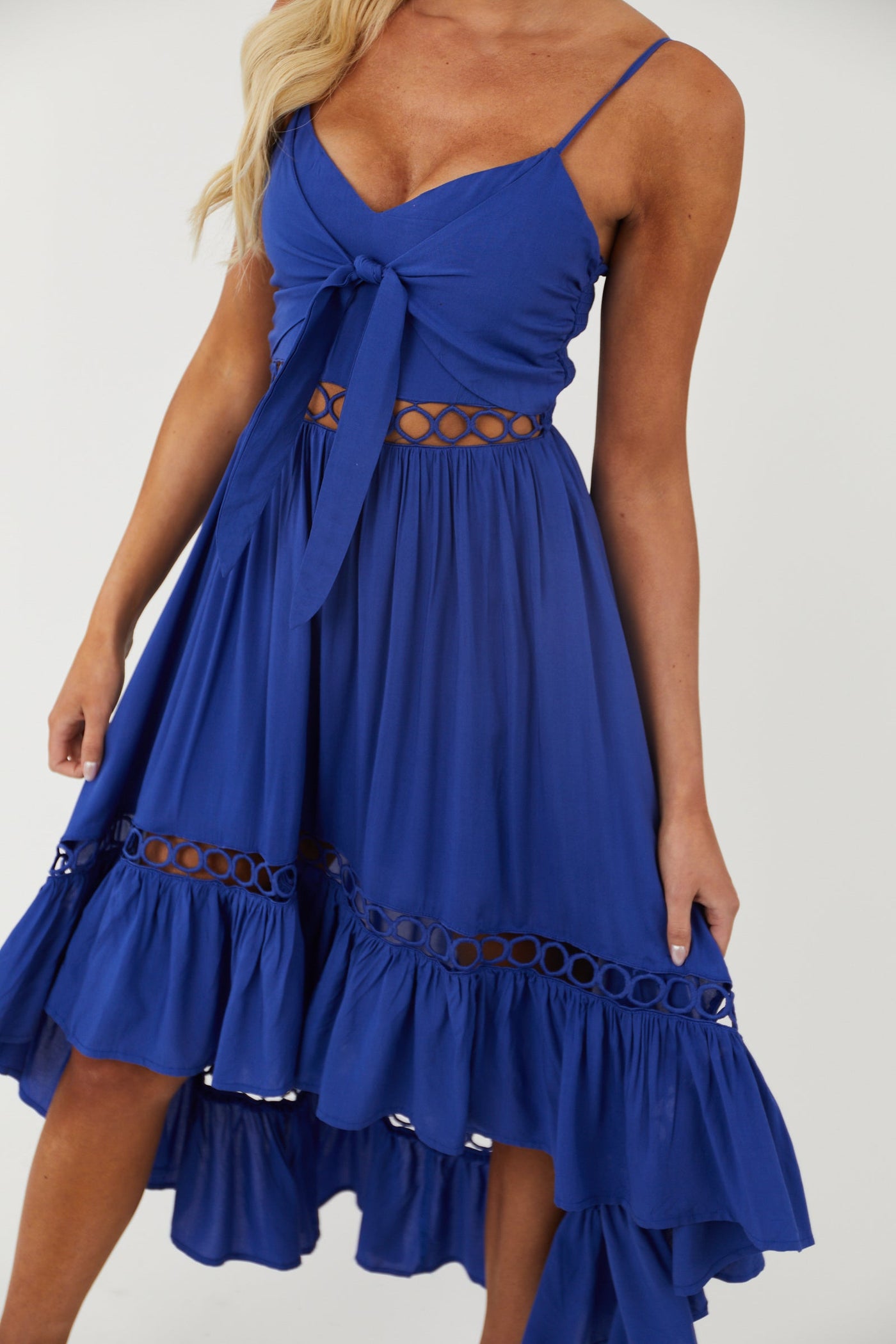Royal Blue High Low Midi Dress with Tie and Peekaboo Details