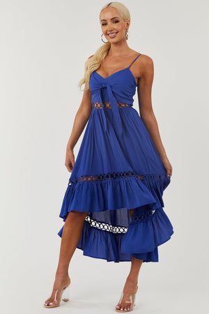 Royal Blue High Low Midi Dress with Tie and Peekaboo Details