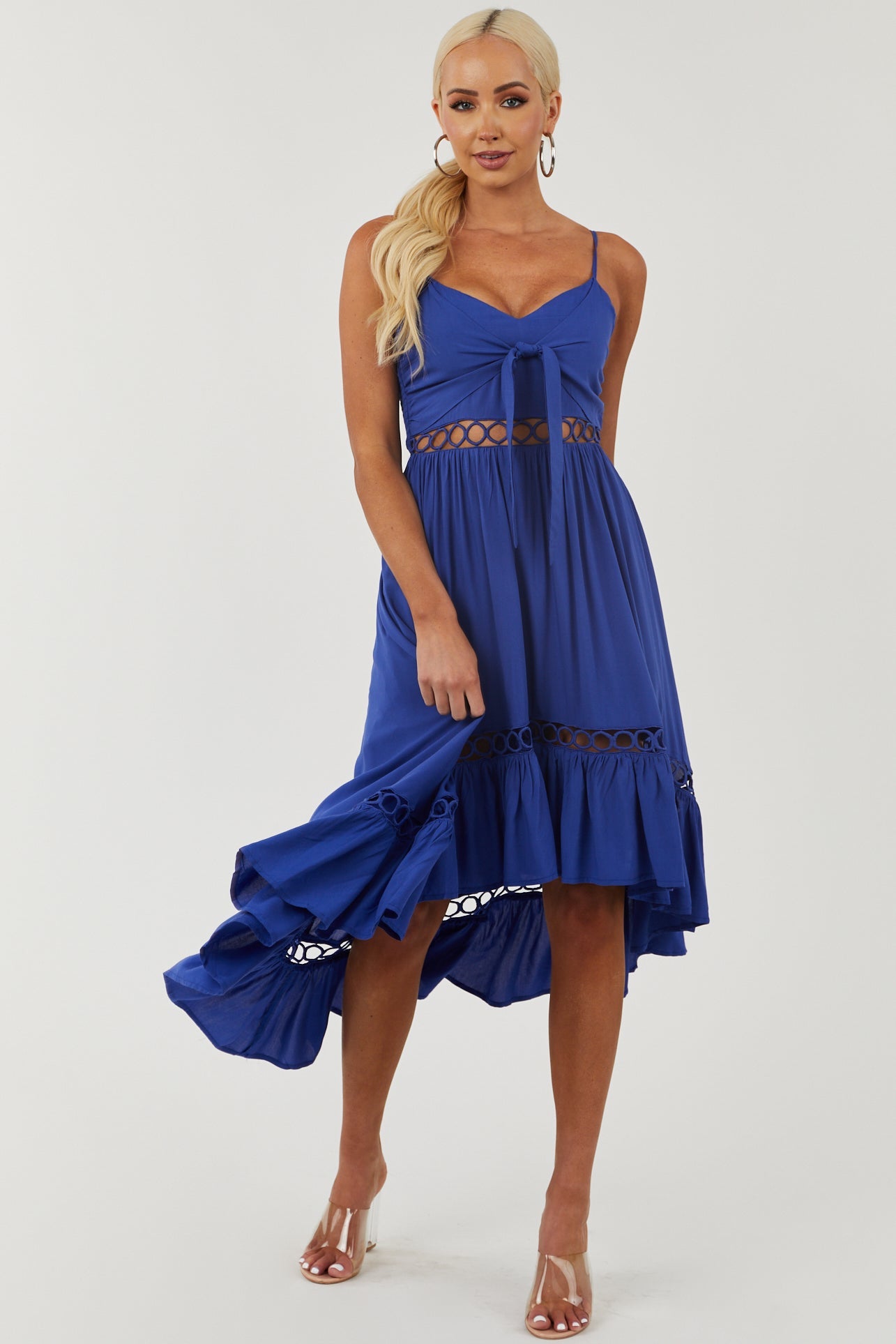 Royal Blue High Low Midi Dress with Tie and Peekaboo Details