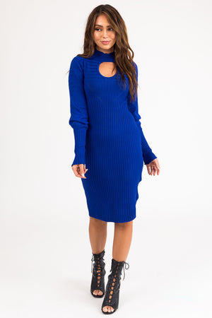 Royal Blue Mock Neck Keyhole Ribbed Midi Dress