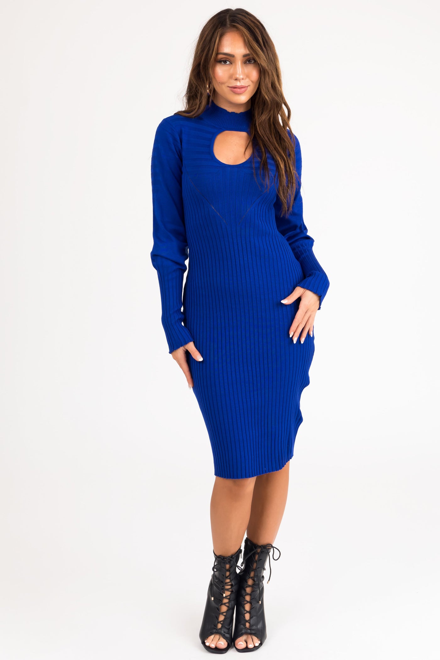 Royal Blue Mock Neck Keyhole Ribbed Midi Dress
