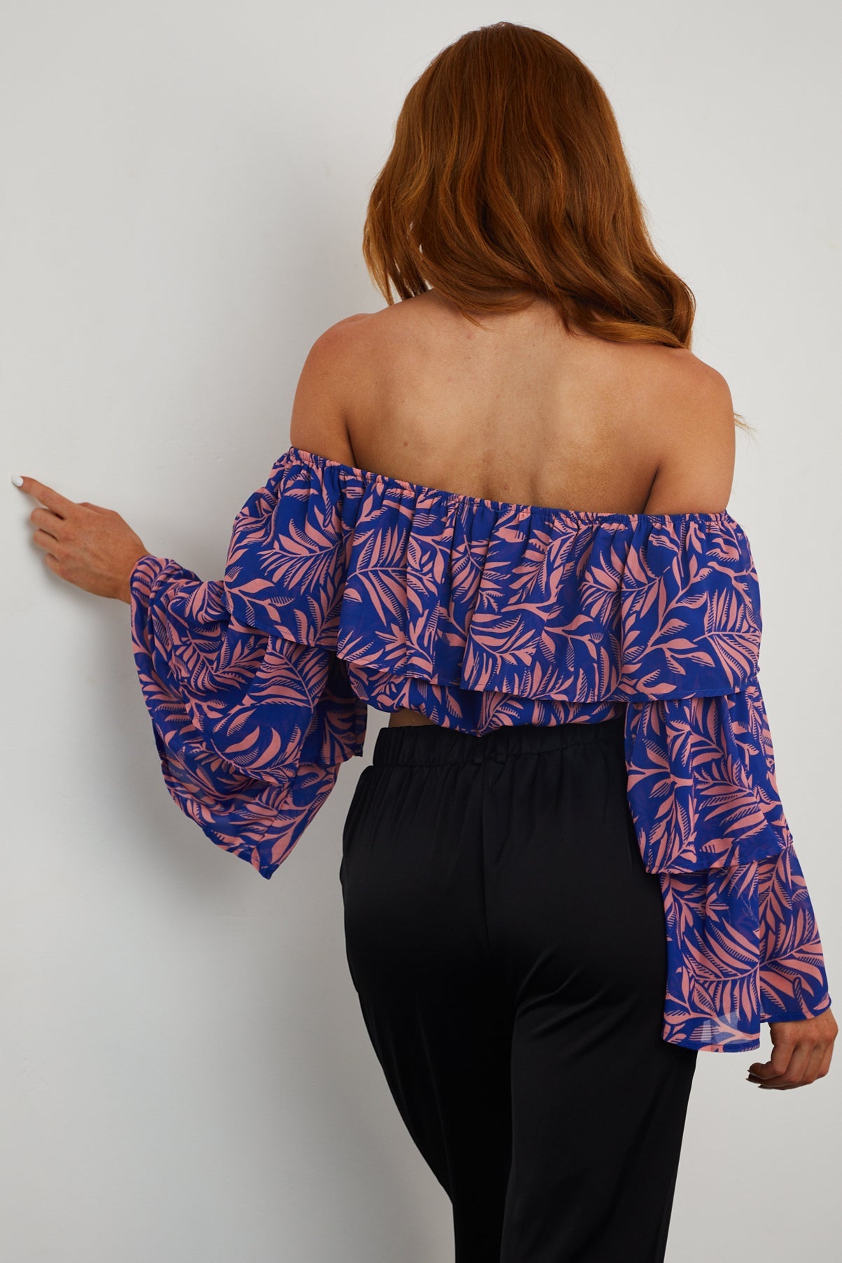 Royal Blue Tropical Print Off Shoulder Blouse