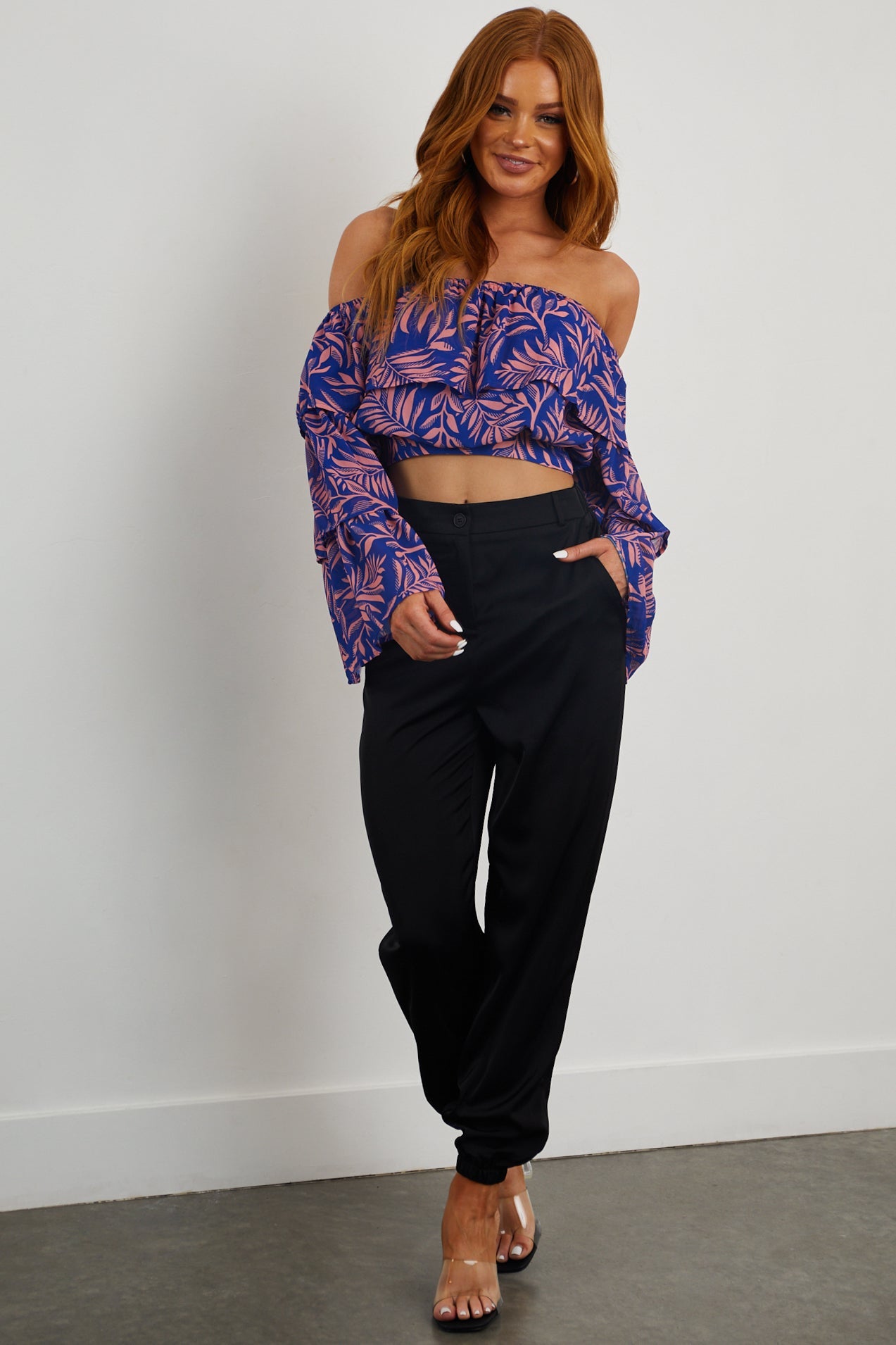 Royal Blue Tropical Print Off Shoulder Blouse