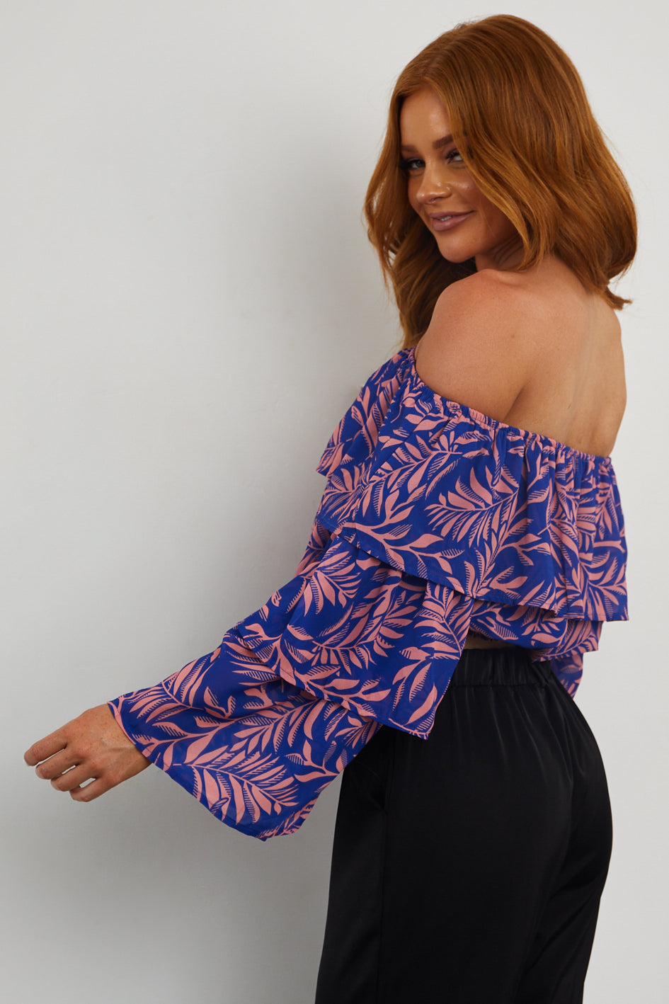 Royal Blue Tropical Print Off Shoulder Blouse