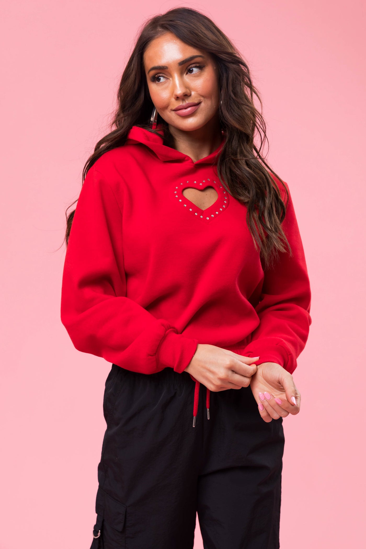 Ruby Heart Cut Out Rhinestone Hoodie