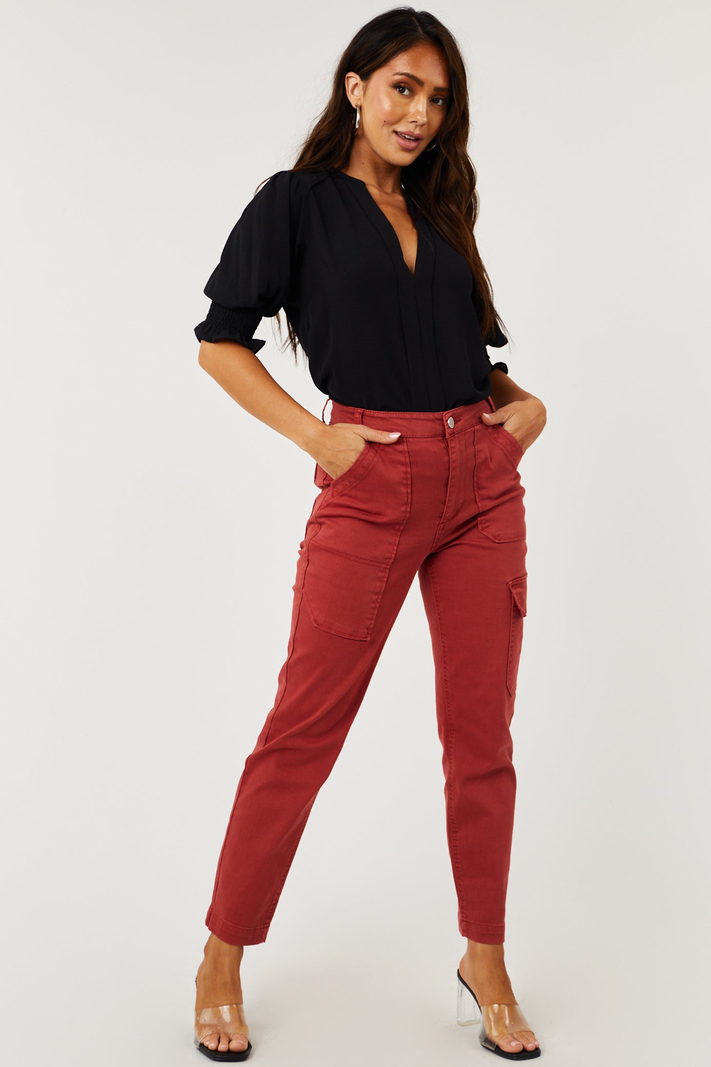 Rust High Rise Cargo Straight Jeans