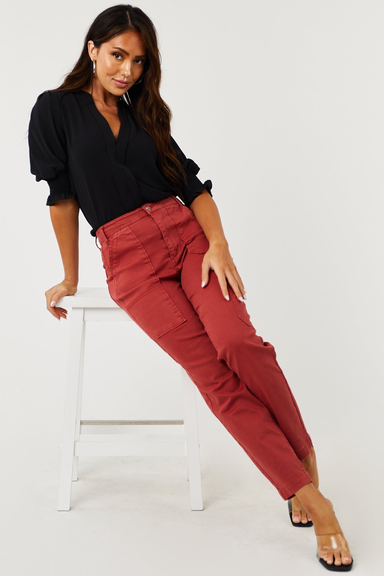 Rust High Rise Cargo Straight Jeans