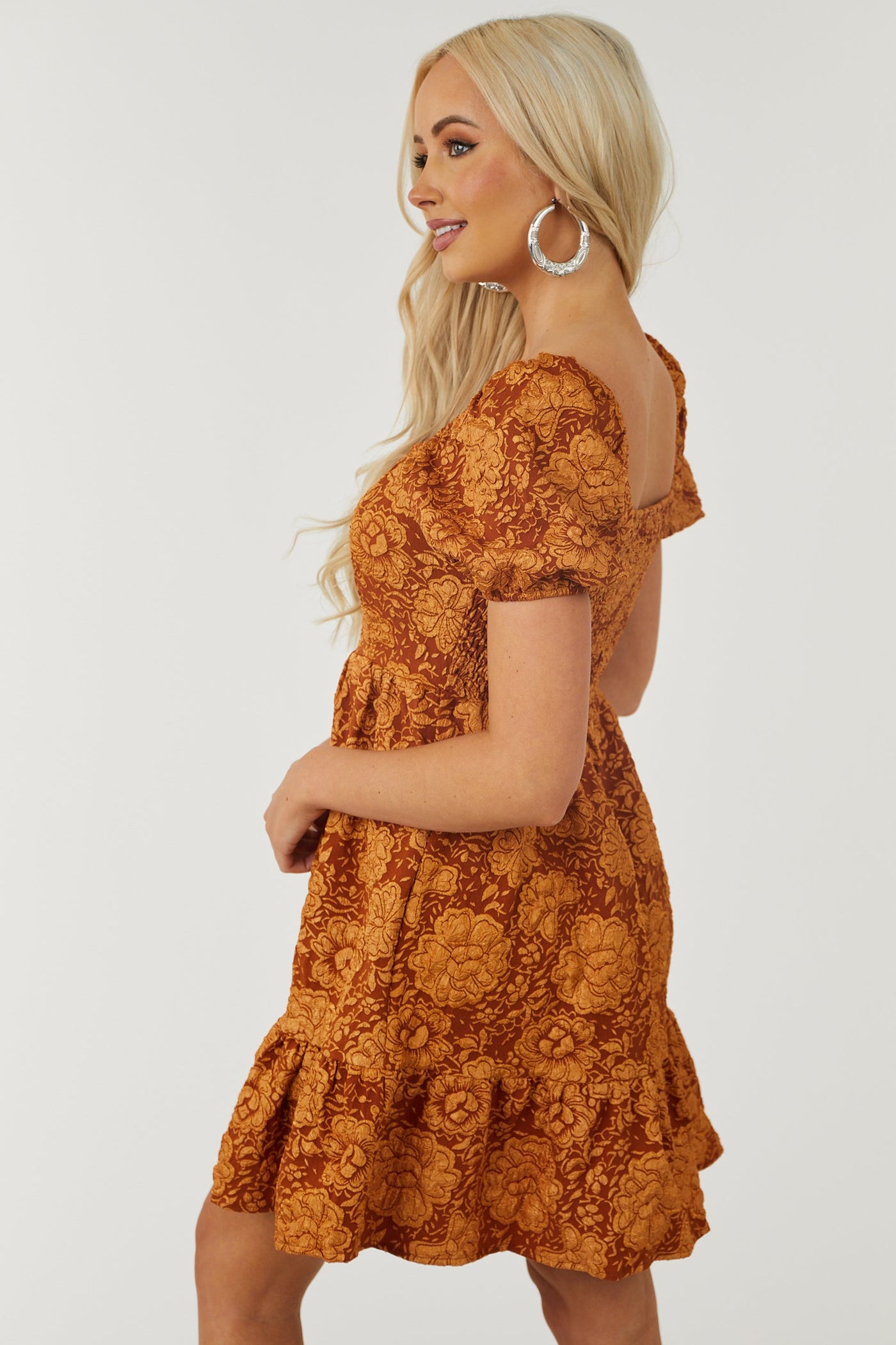 Rust Jacquard Floral Smocked Babydoll Mini Dress