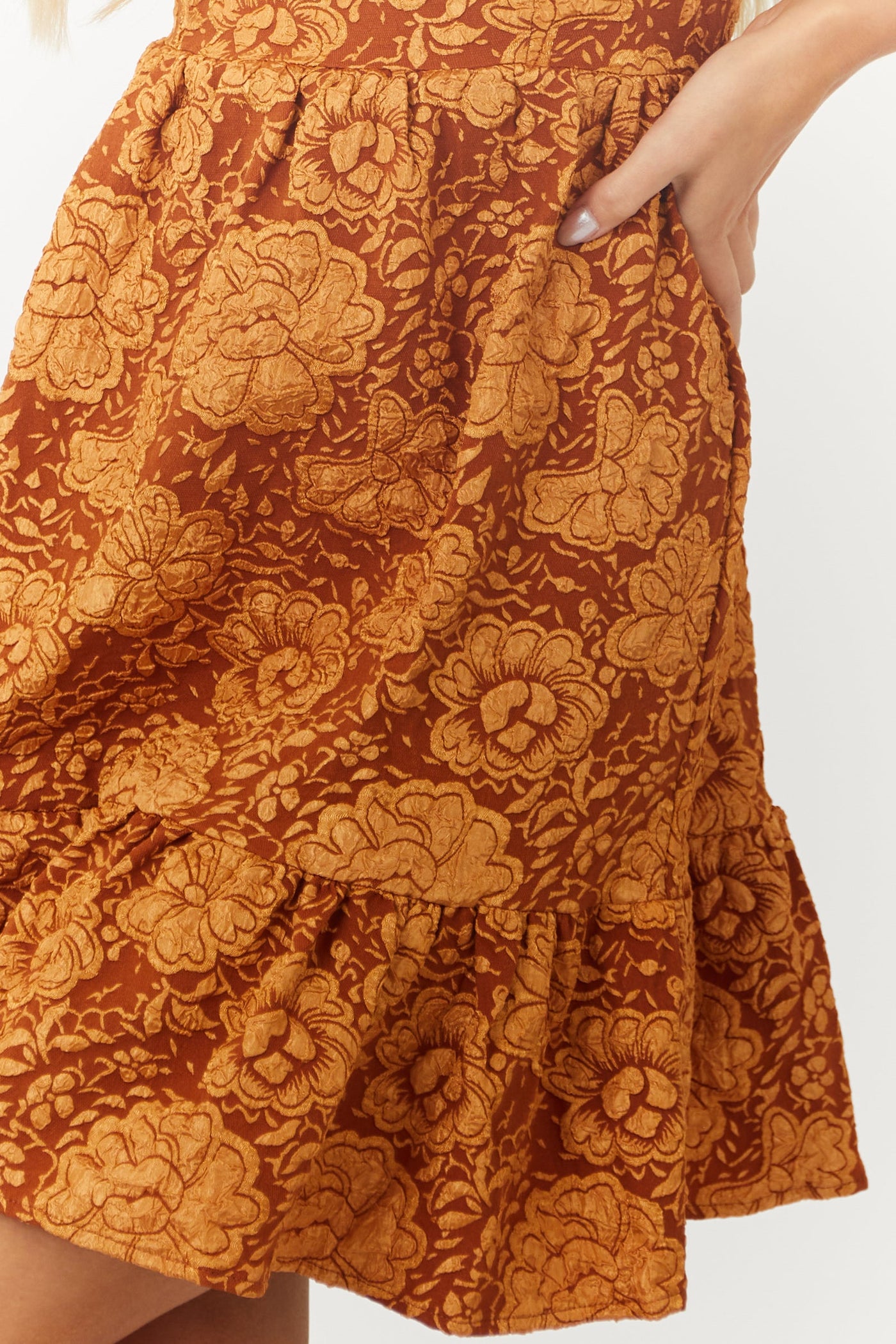 Rust Jacquard Floral Smocked Babydoll Mini Dress