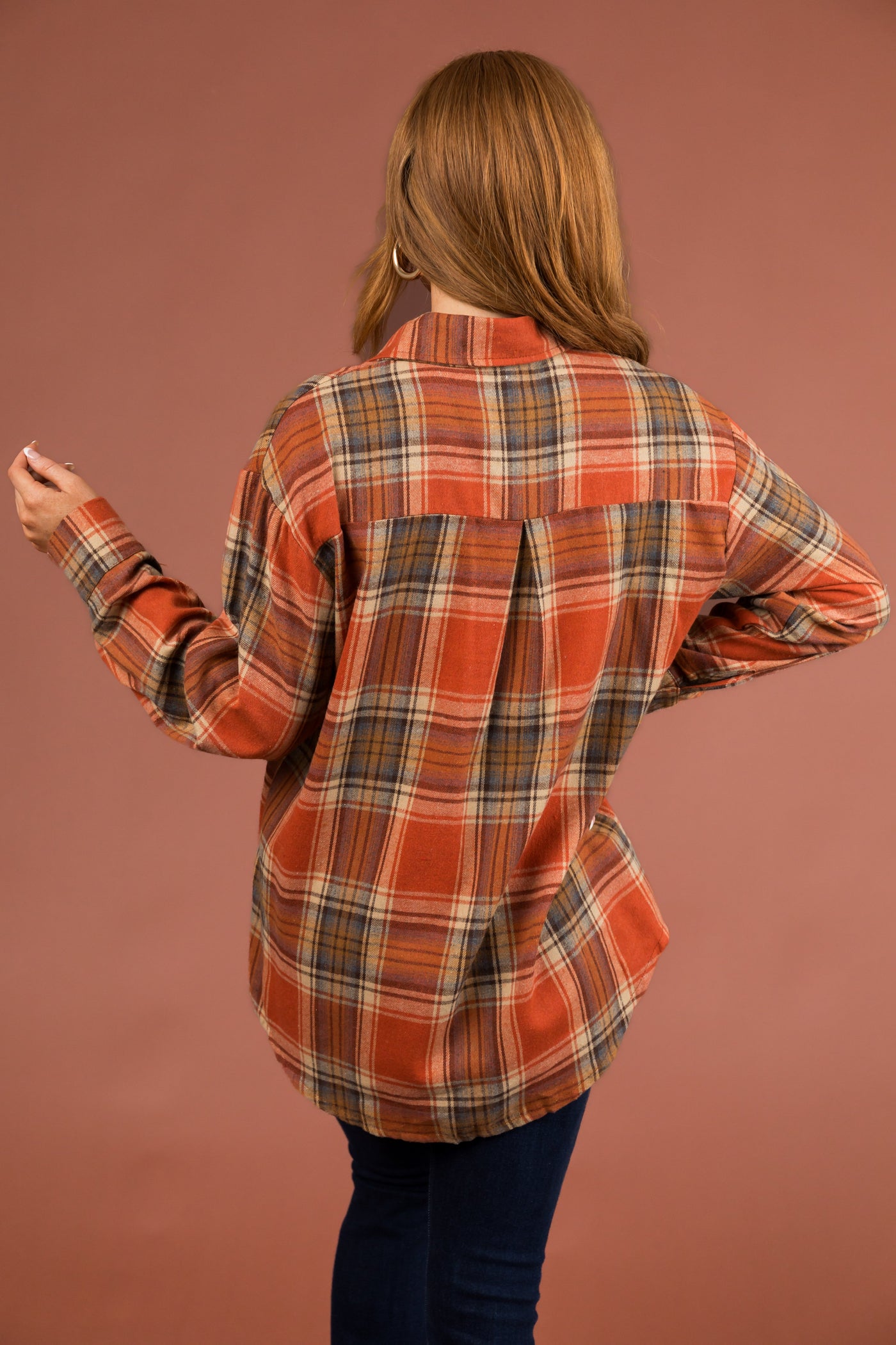 Rust Plaid Button Up Collared Long Sleeve Top
