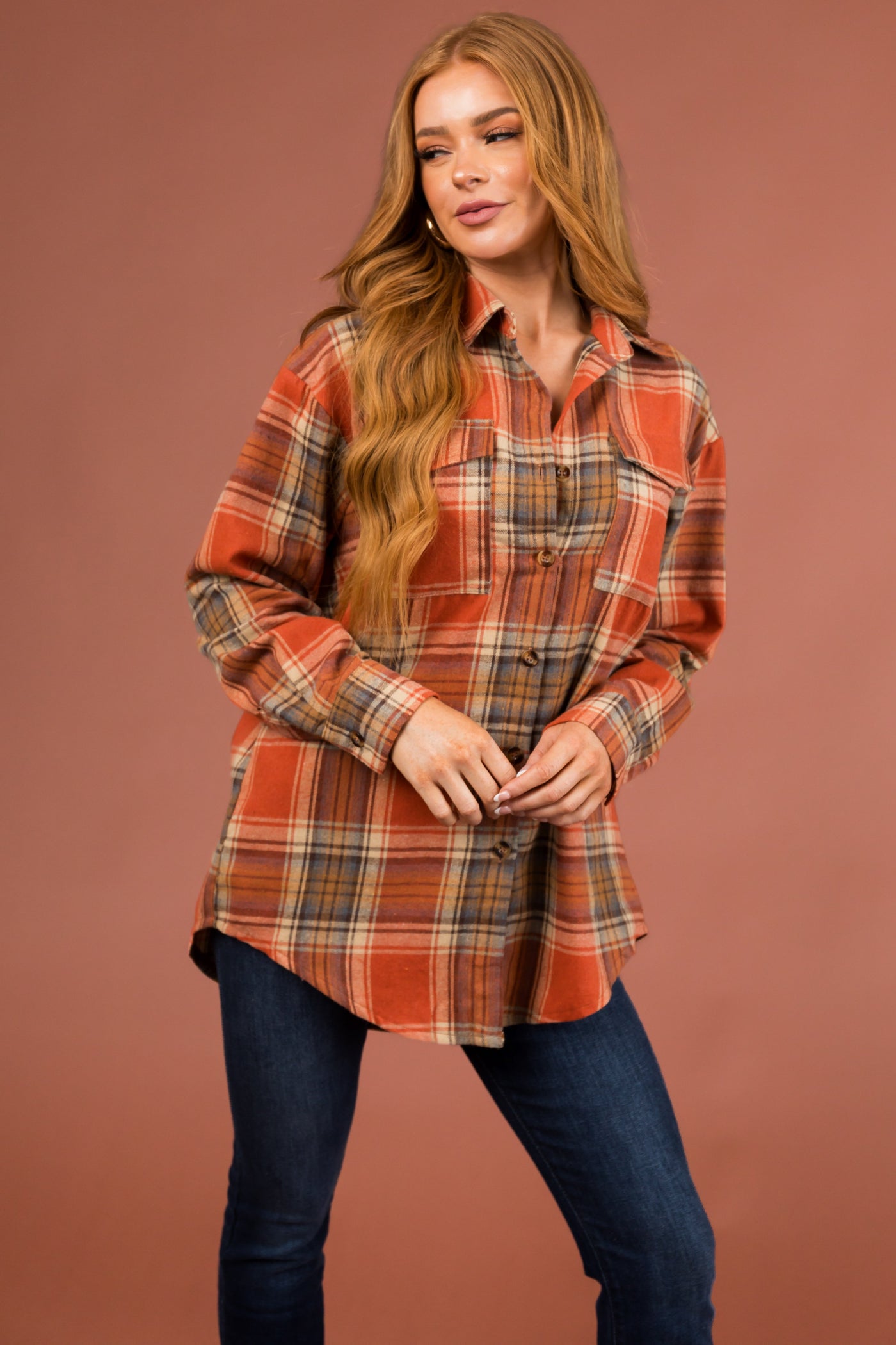 Rust Plaid Button Up Collared Long Sleeve Top