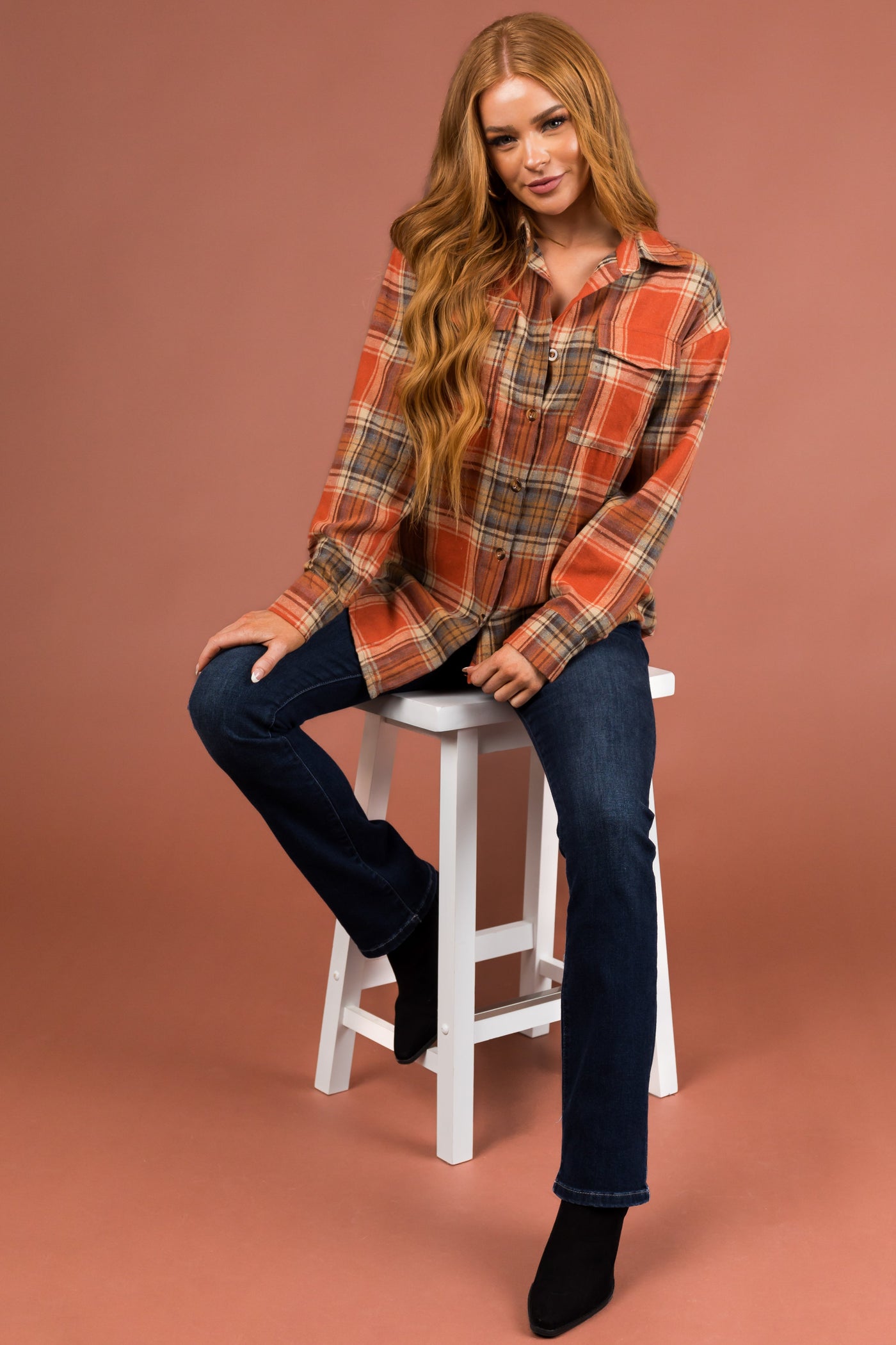 Rust Plaid Button Up Collared Long Sleeve Top