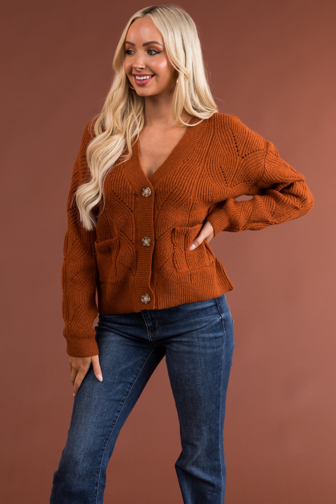 Rust Pointelle Button Down Long Sleeve Cardigan
