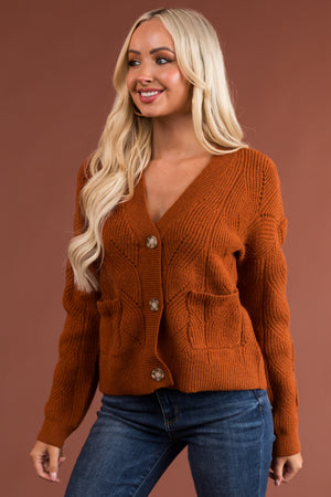Rust Pointelle Button Down Long Sleeve Cardigan