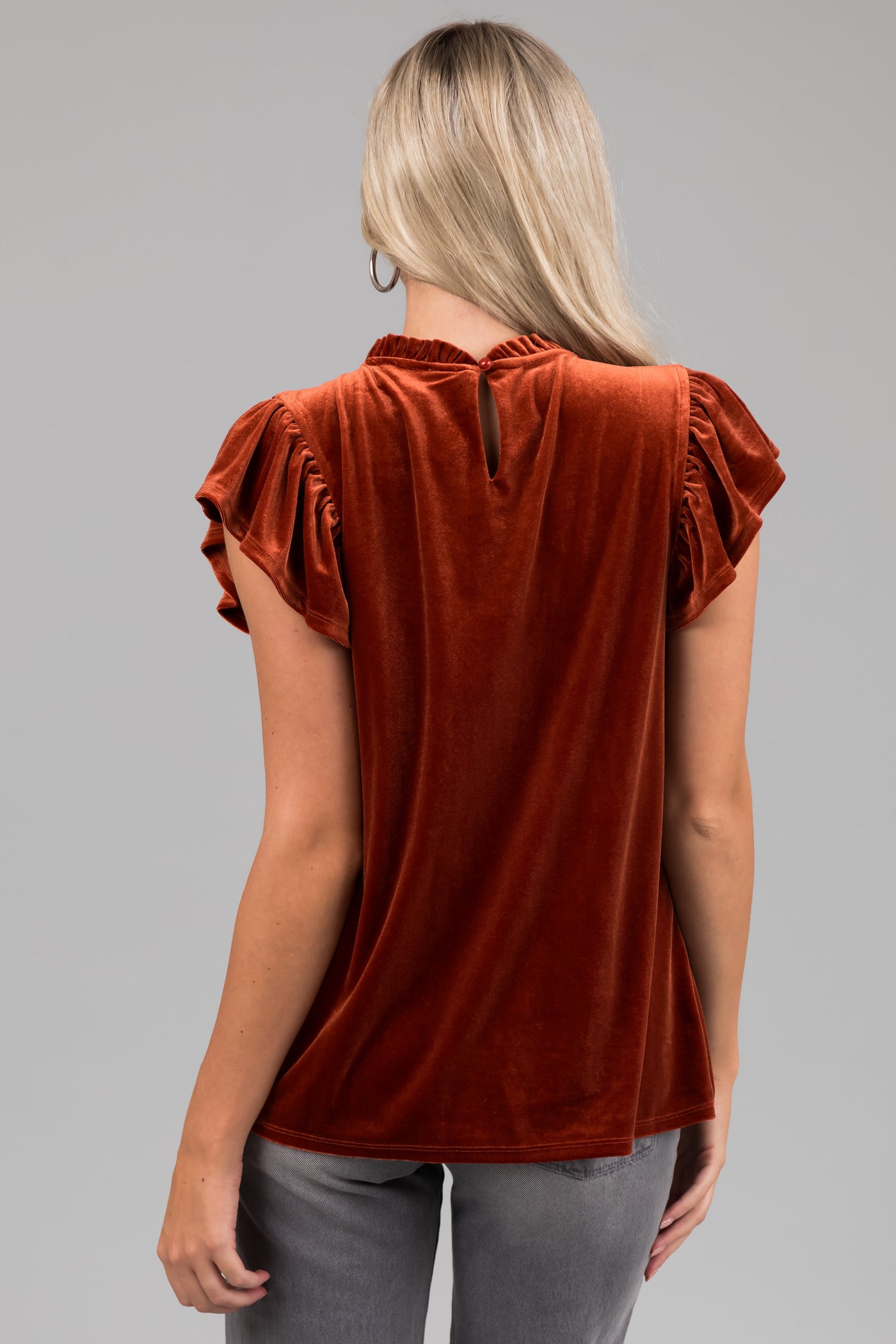 Rust Ruffle Edge Short Sleeve Velvet Top