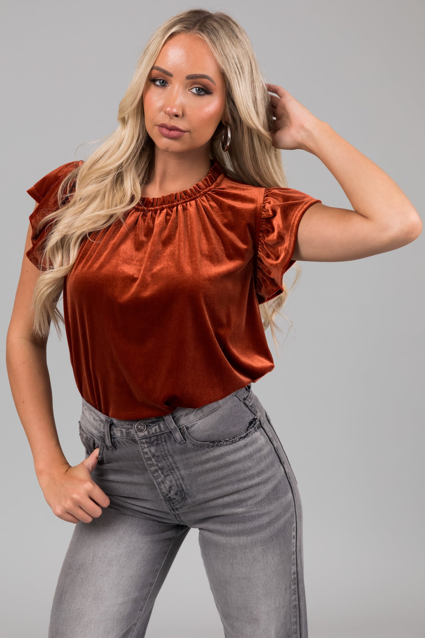 Rust Ruffle Edge Short Sleeve Velvet Top