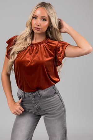 Rust Ruffle Edge Short Sleeve Velvet Top
