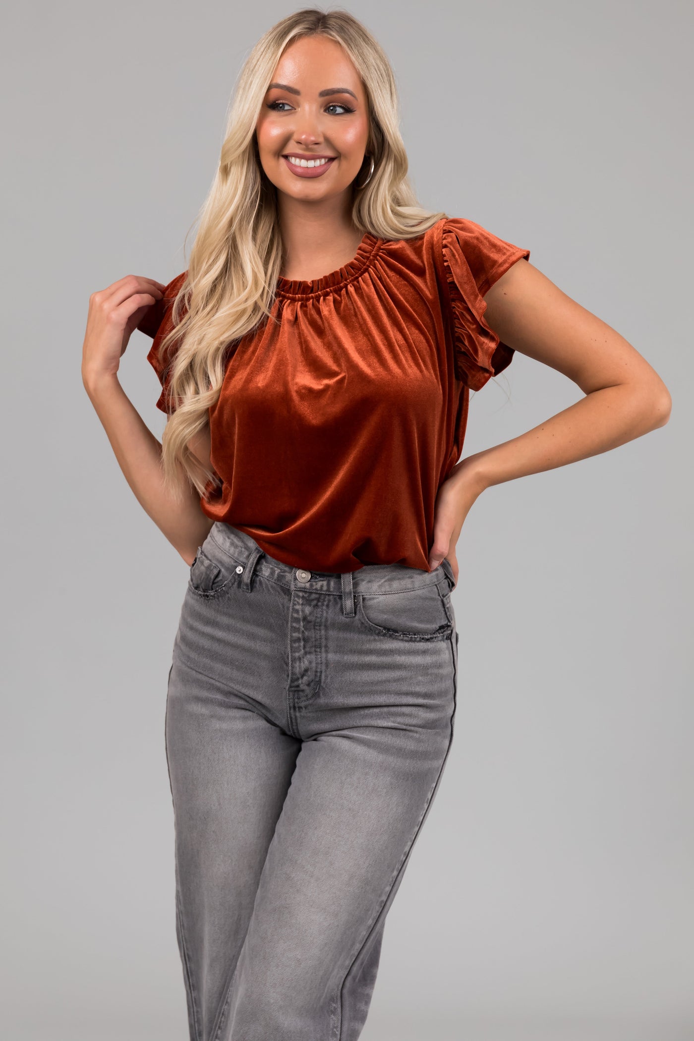 Rust Ruffle Edge Short Sleeve Velvet Top