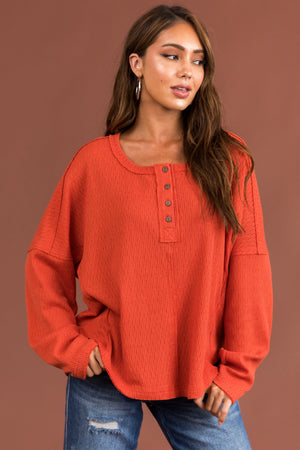 Rust Textured Knit Long Sleeve Henley Top
