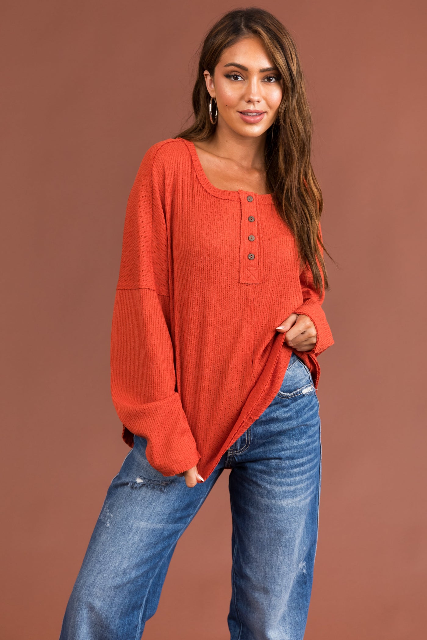 Rust Textured Knit Long Sleeve Henley Top