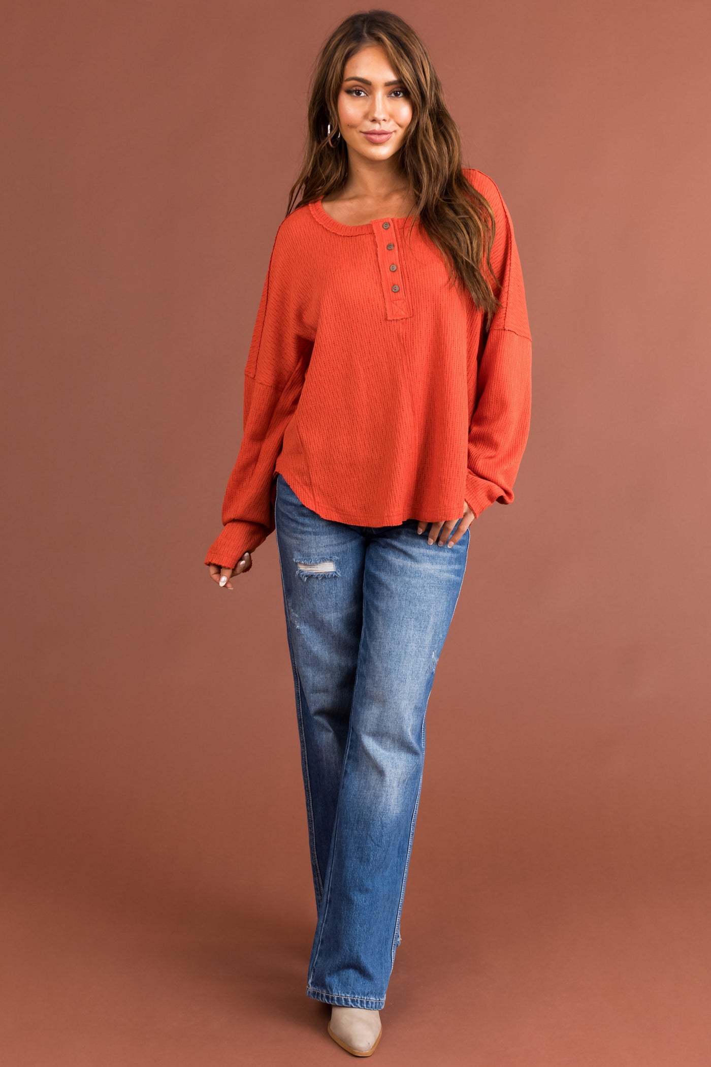 Rust Textured Knit Long Sleeve Henley Top