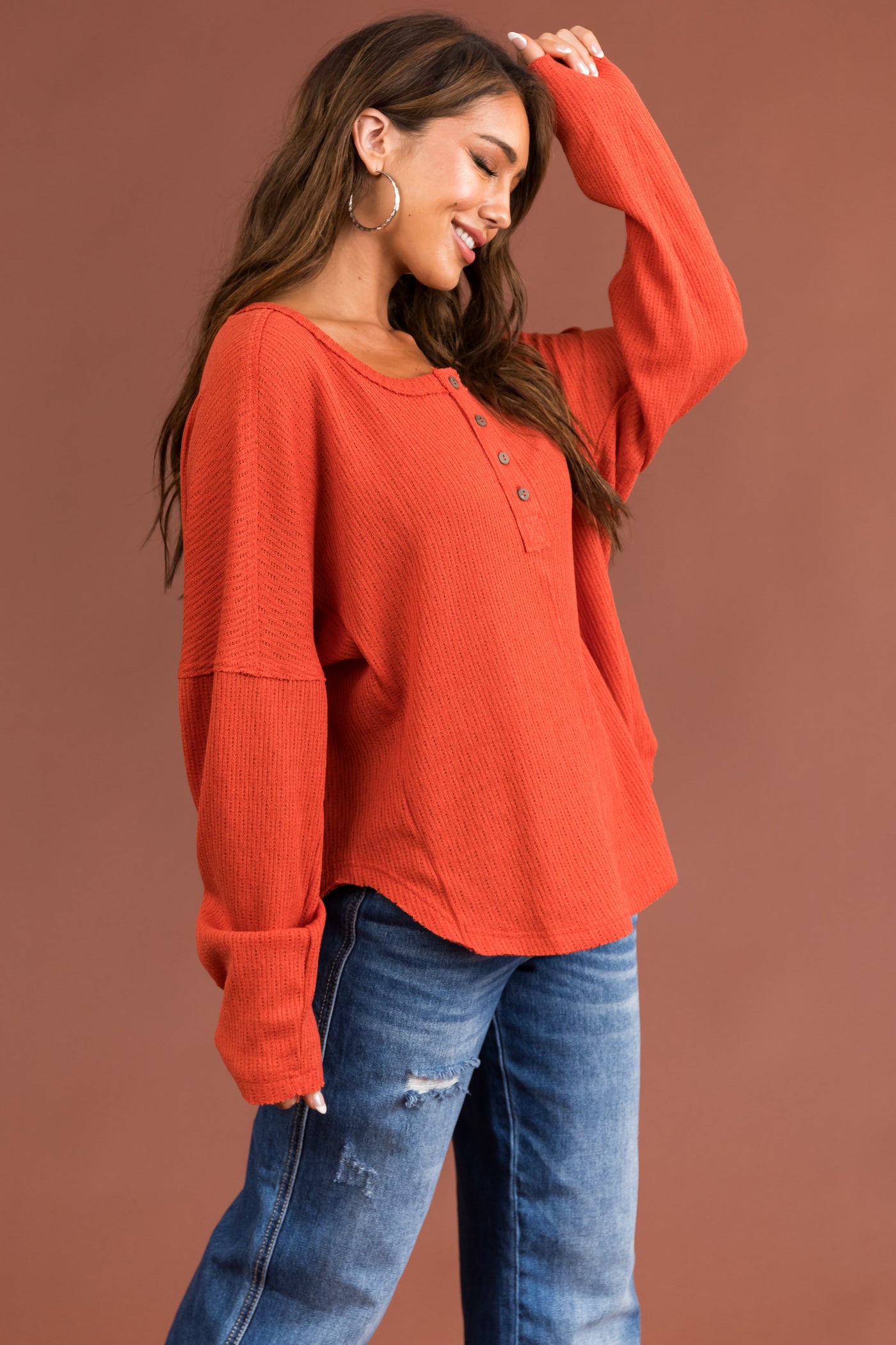 Rust Textured Knit Long Sleeve Henley Top