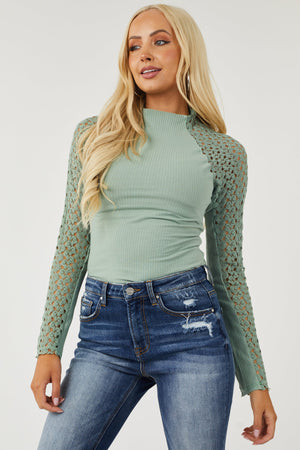 Sage Crochet Lace Long Sleeve Ribbed Top