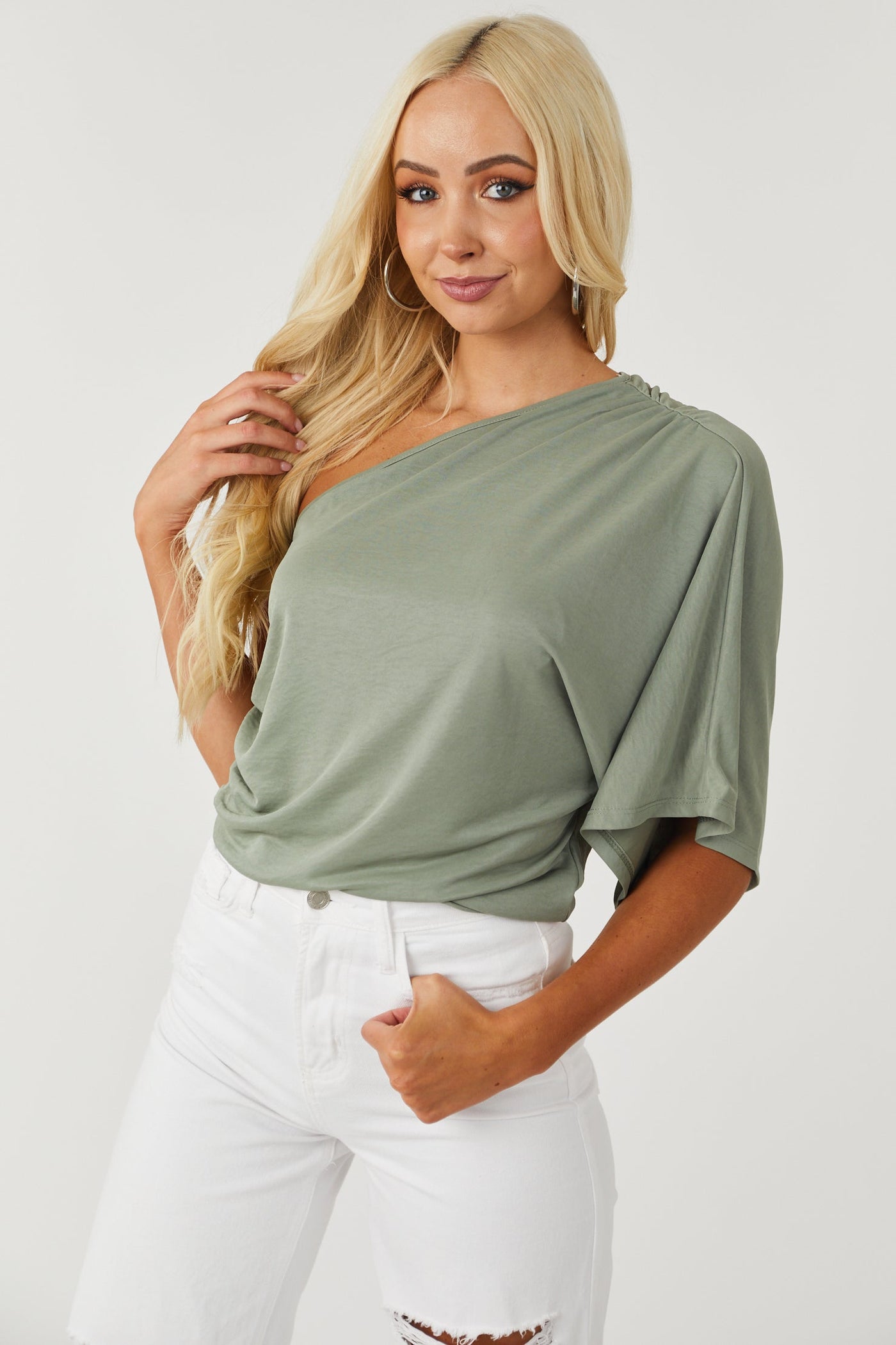 Sage One Shoulder Dolman Sleeve Soft Knit Top