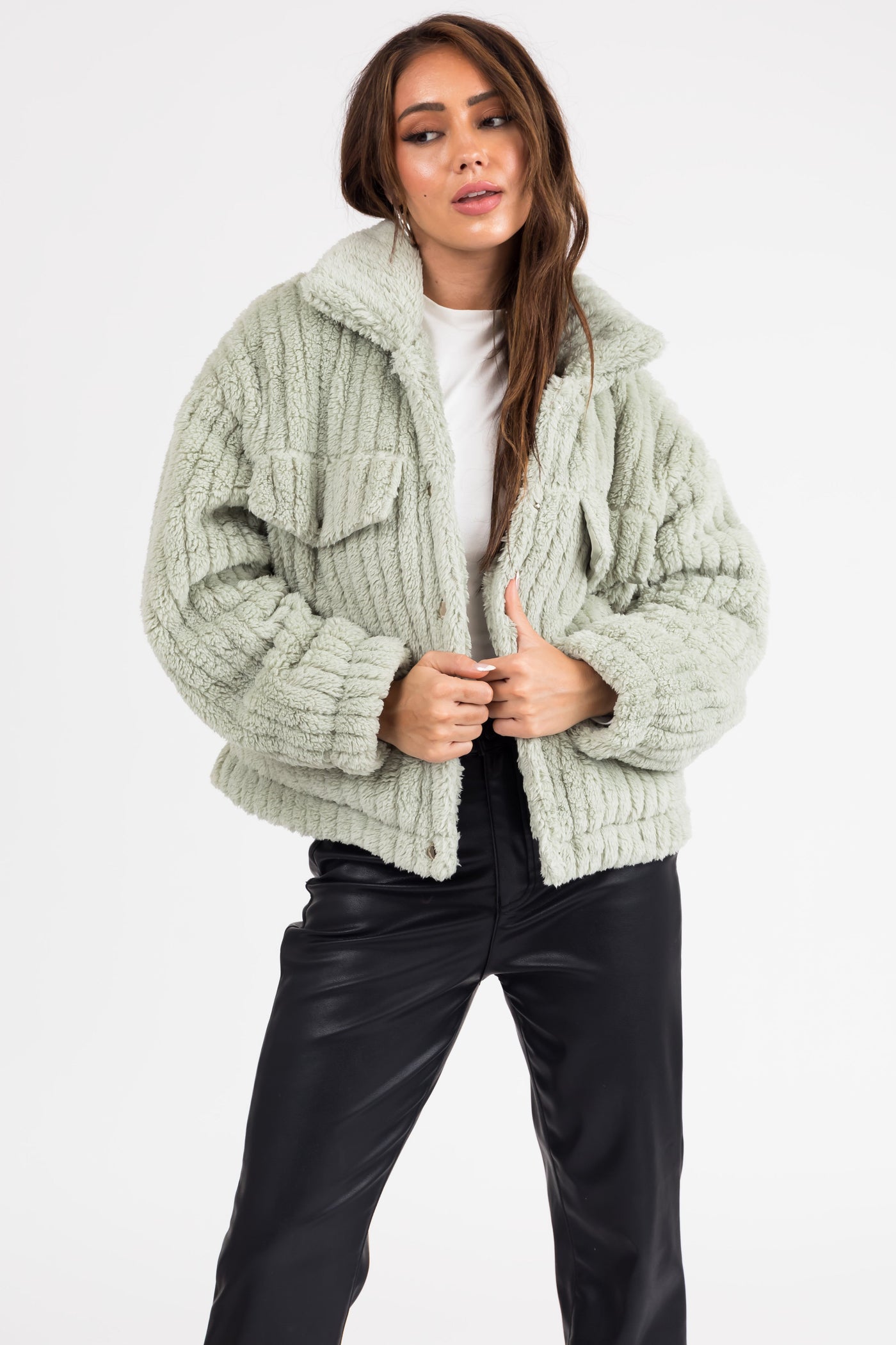 Sage Soft Sherpa Button Down Jacket