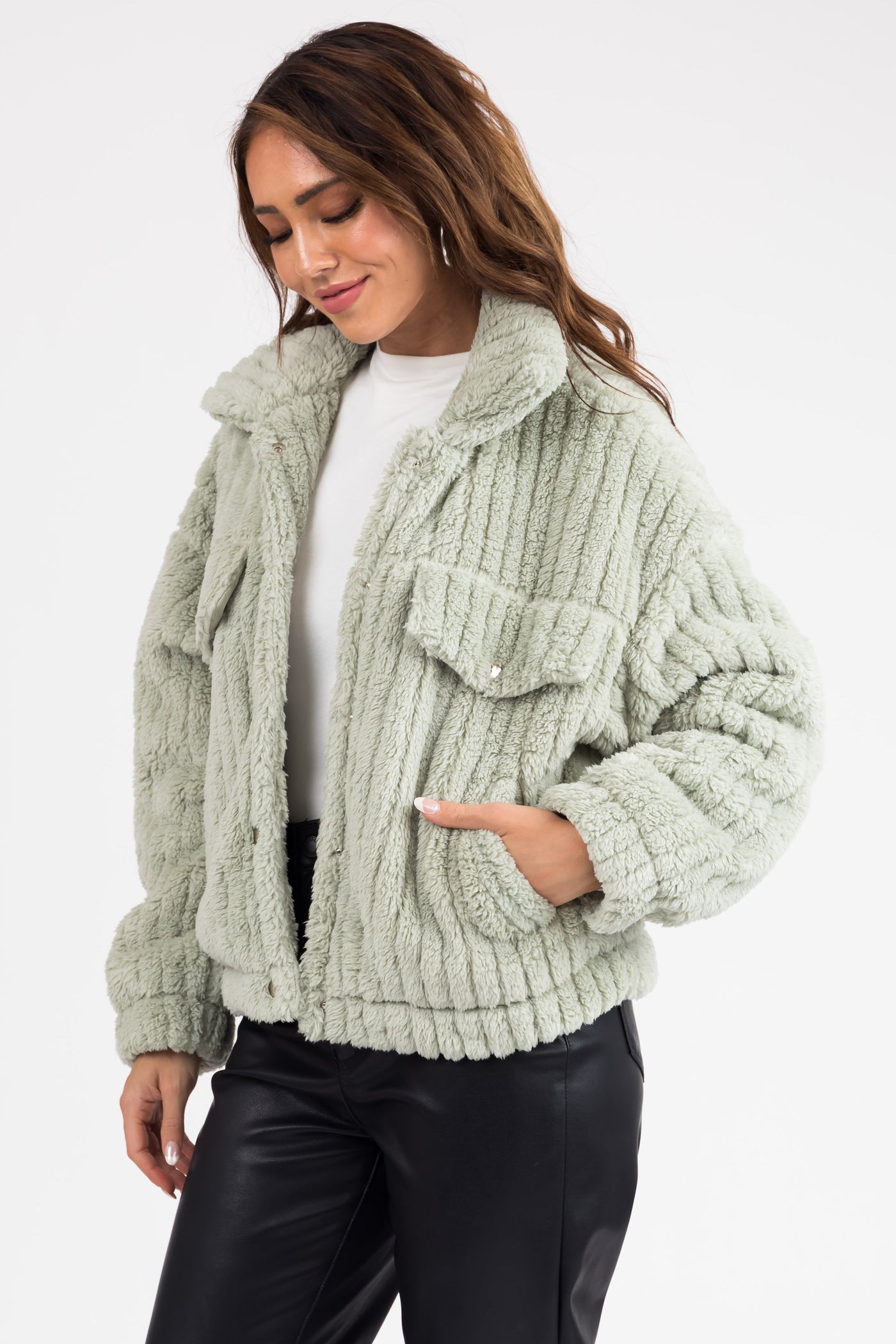 Sage Soft Sherpa Button Down Jacket