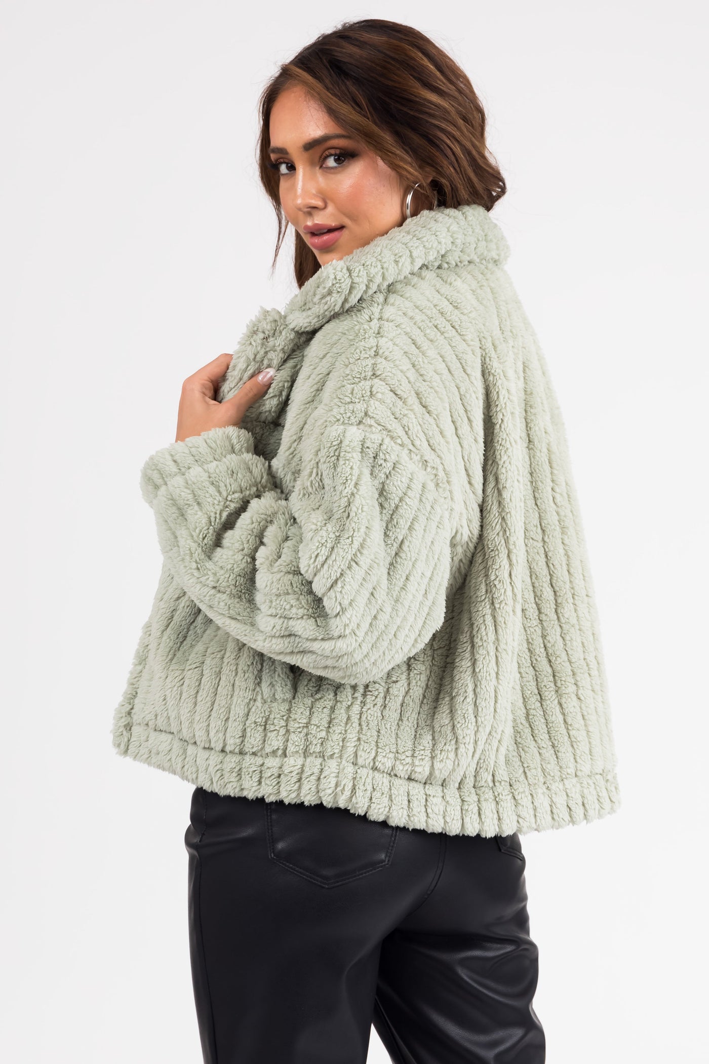 Sage Soft Sherpa Button Down Jacket