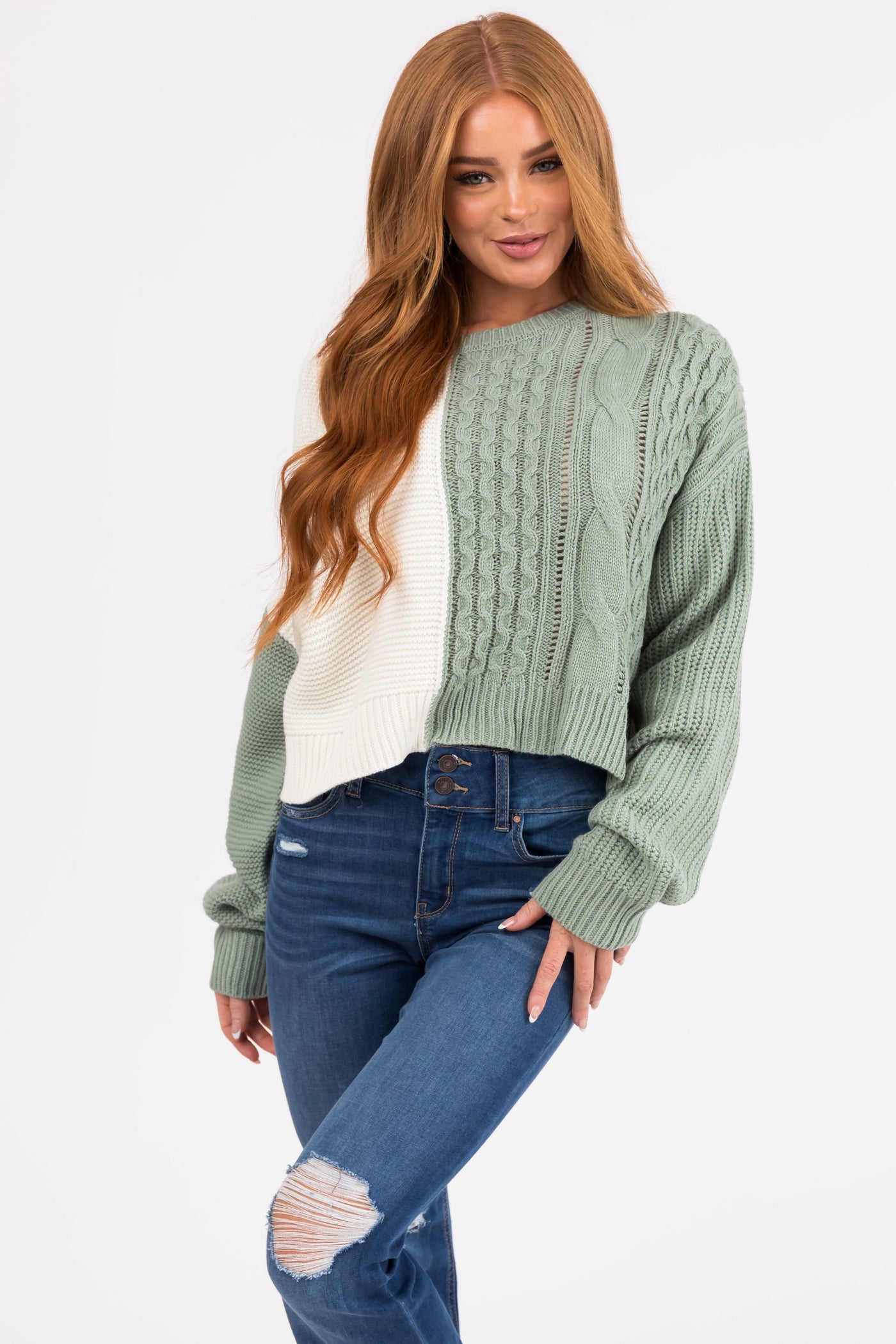 Sage and Ivory Colorblock Cable Knit Sweater