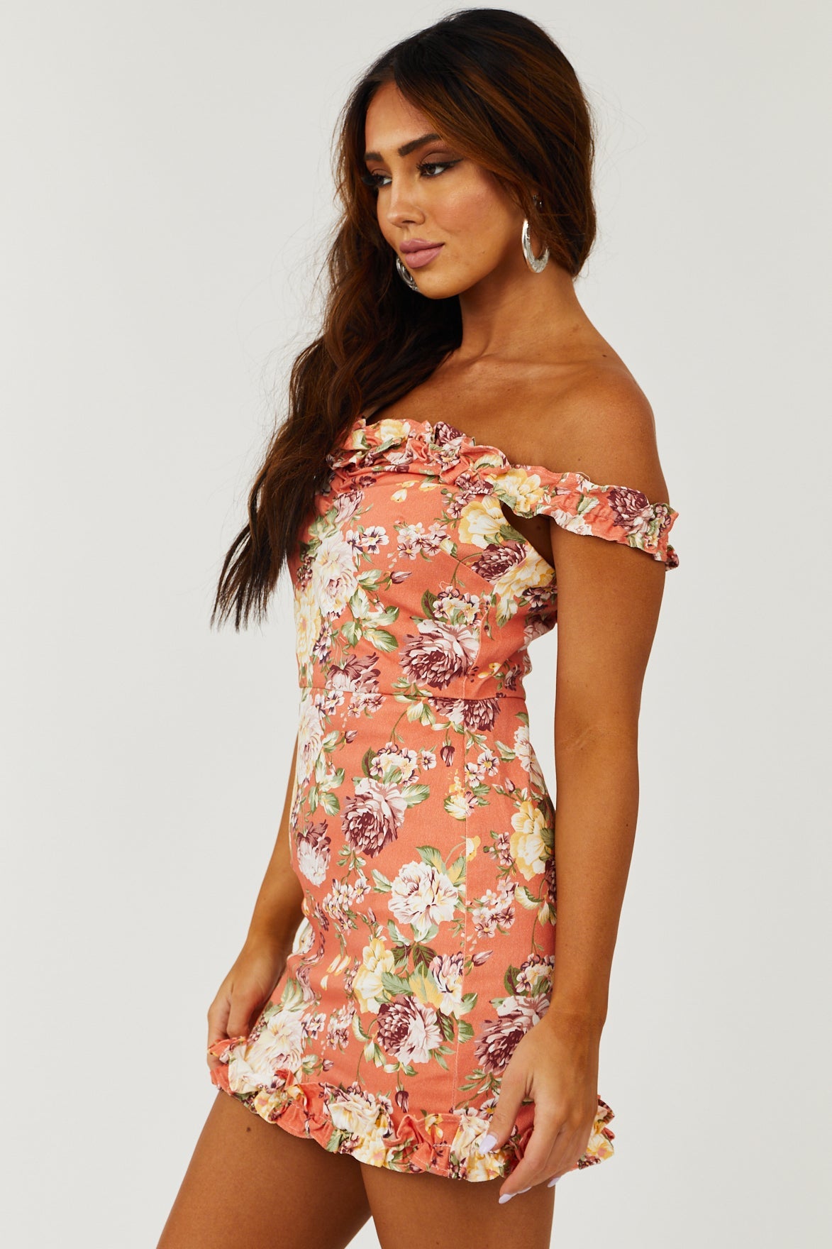 Salmon Off Shoulder Floral Print Mini Dress