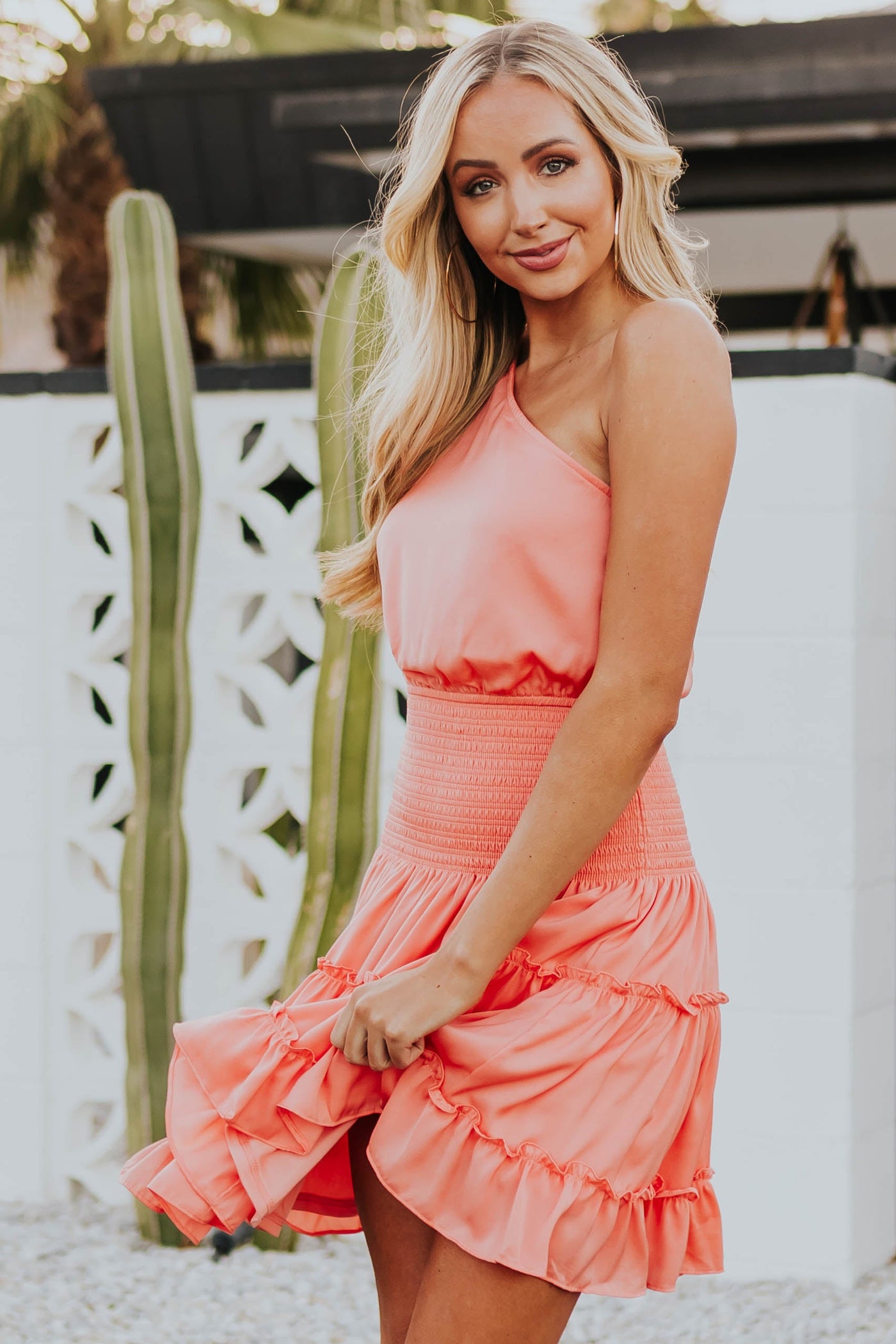 Salmon One Shoulder Smocked Waist Satin Dress