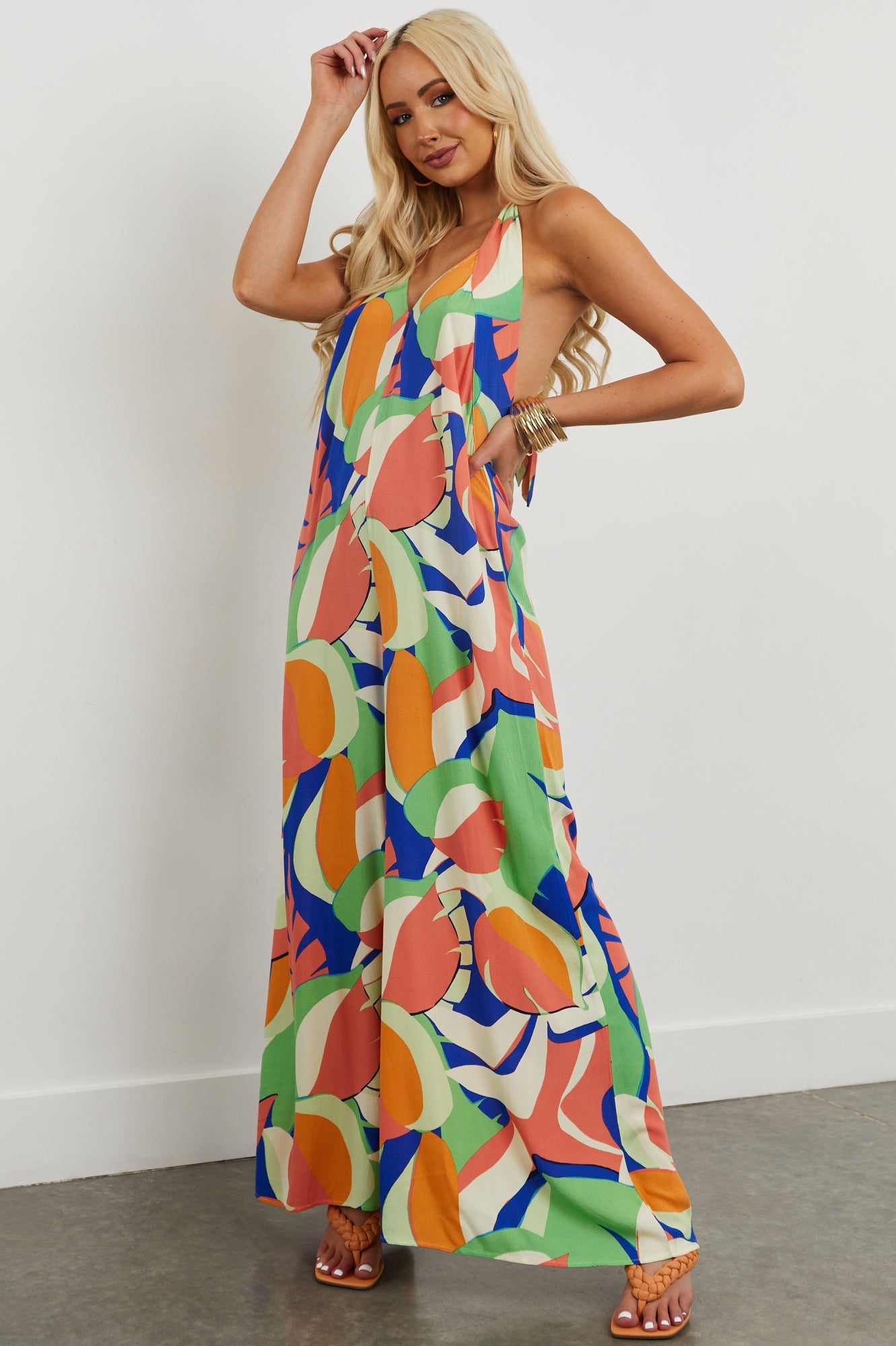 Salmon Tropical Print Halter Wide Leg Jumpsuit