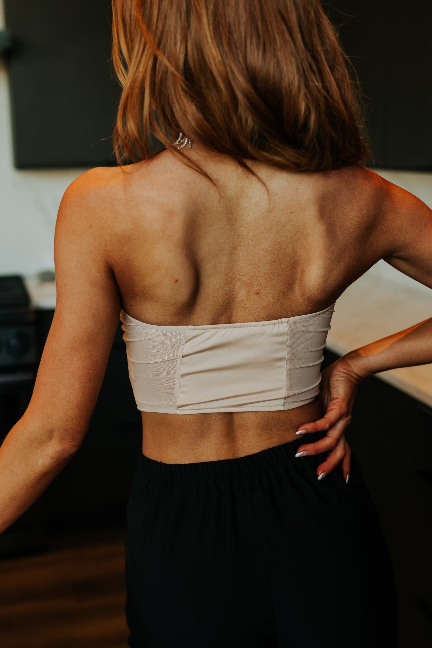 Sand Mesh Strapless Corset Crop Top